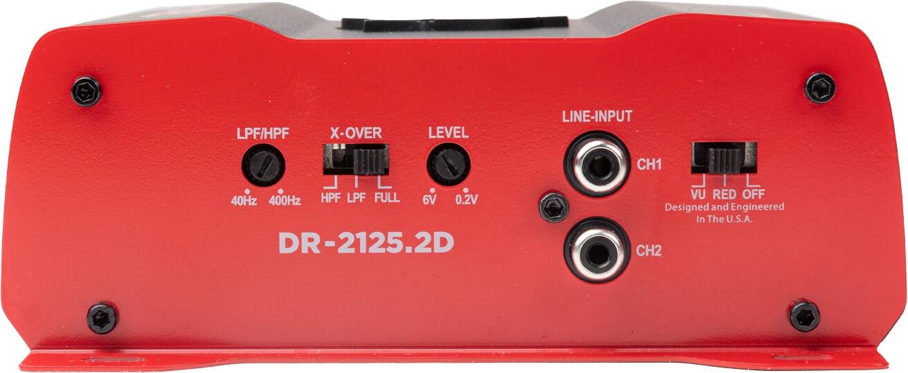 LPF/HPF X-OVER LEVEL LINE-INPUT CH1 40Hz 400Hz HPF LPF FULL 6V 0.2V DR-2125.2D VU RED OFF Designed and Engineered In The U.S.A. CH2