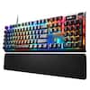 The image features a colorful keyboard with a black base. The keyboard has a rainbow design, and the keys are illuminated with a colorful glow. The keyboard is placed on a black stand, which is likely designed to hold the keyboard securely and provide a stable surface for typing. The keyboard is a part of the elseries product line, which is known for its unique and visually appealing designs.