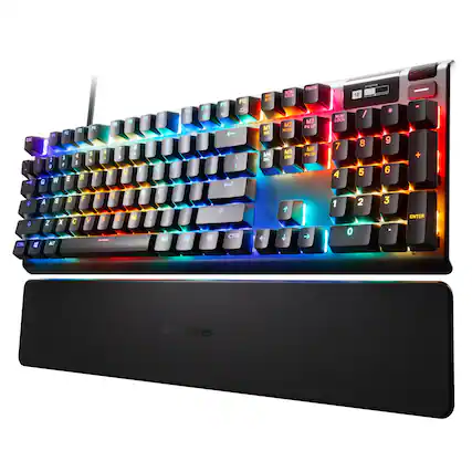 The image features a colorful keyboard with a black base. The keyboard has a rainbow design, and the keys are illuminated with a colorful glow. The keyboard is placed on a black stand, which is likely designed to hold the keyboard securely and provide a stable surface for typing. The keyboard is a part of the elseries product line, which is known for its unique and visually appealing designs.