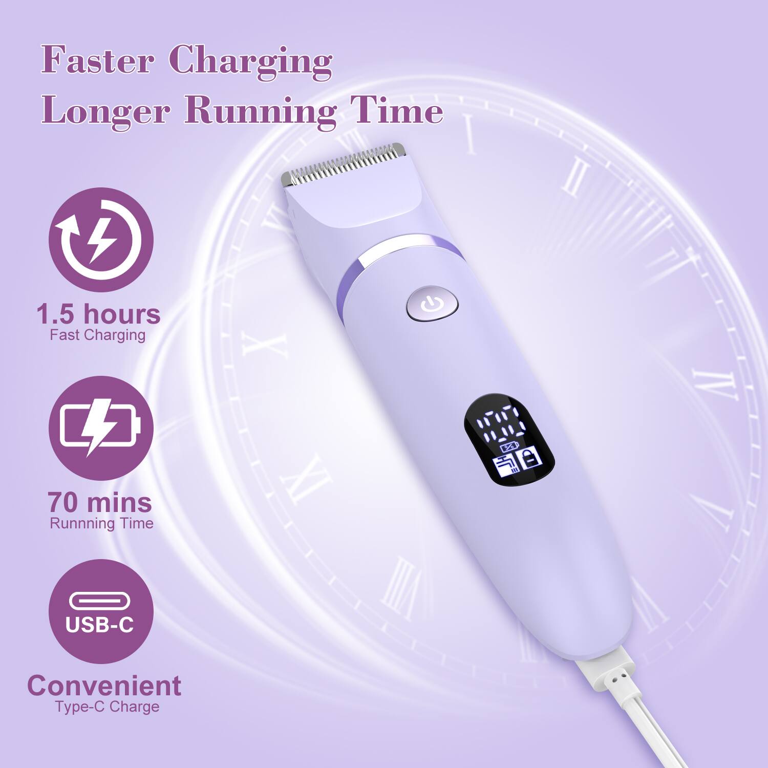 Faster Charging Longer Running Time

1.5 hours Fast Charging

70 mins Running Time

USB-C

Convenient Type-C Charge