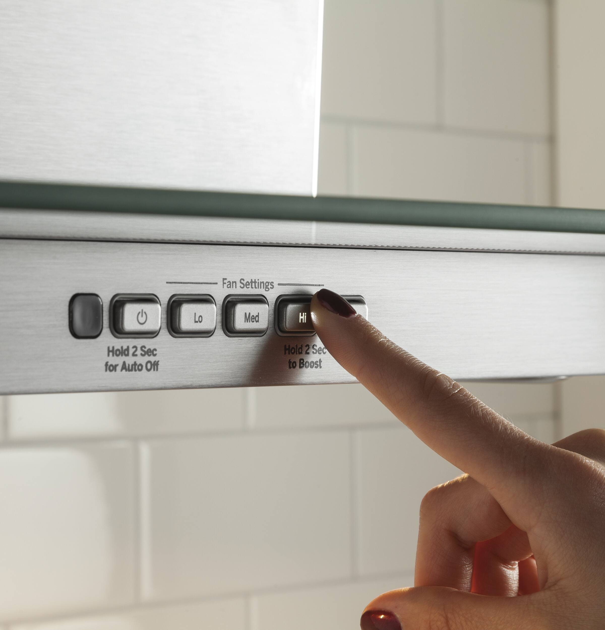 Fan Settings: Lo, Med, Hi, Hold 2 Sec for Auto Off, Hold 2 Sec to Boost.