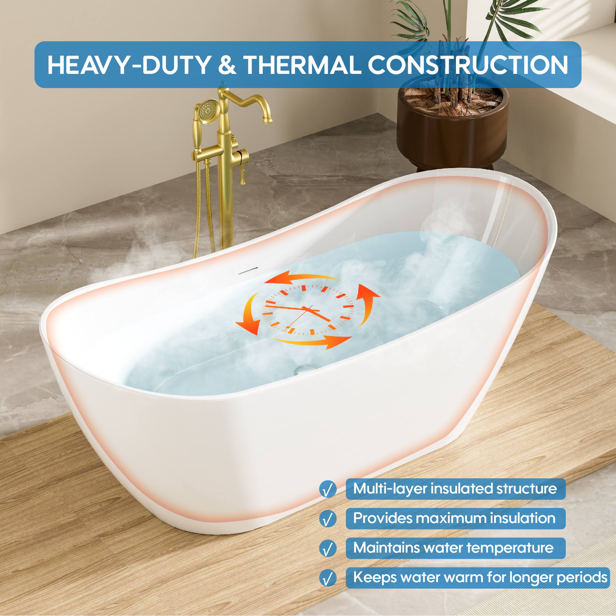 HEAVY-DUTY & THERMAL CONSTRUCTION

Multi-layer insulated structure  
Provides maximum insulation  
Maintains water temperature  
Keeps water warm for longer periods