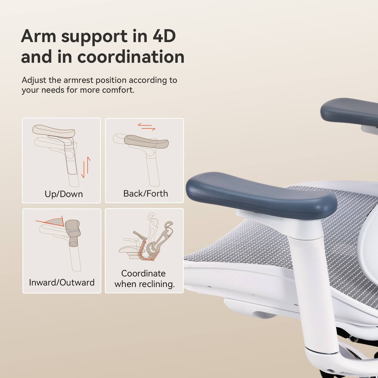 Arm support in 4D and in coordination

Adjust the armrest position according to your needs for more comfort.

- Up/Down
- Back/For
- Inward/Outward
- Coordinate when reclining.