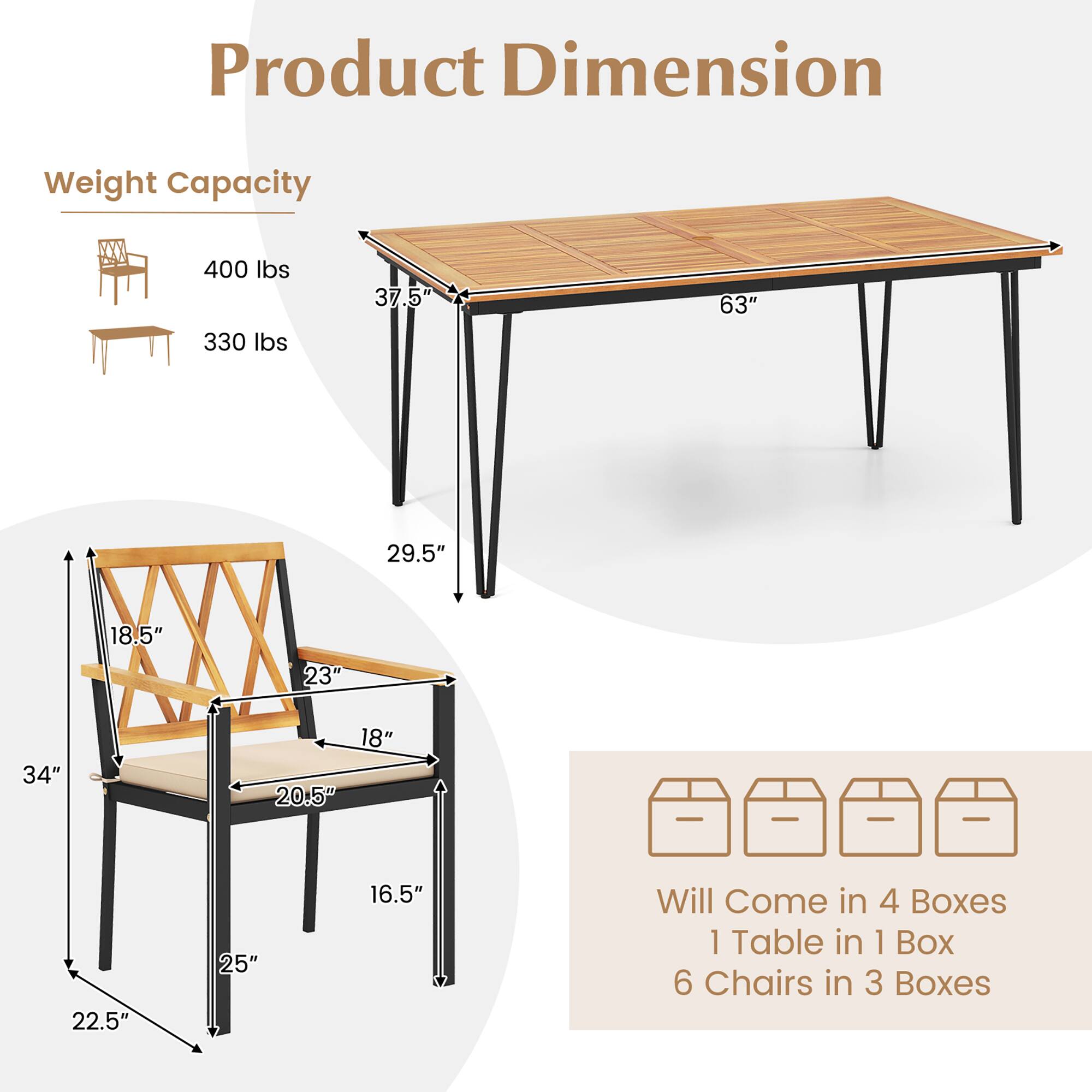 Product Dimension
Weight Capacity
400 lbs
330 lbs
37.5"
63"
29.5"
18.5"
23"
34"
18"
20.5"
22.5"
25"
16.5"
Will Come in 4 Boxes
1 Table in 1 Box
6 Chairs in 3 Boxes