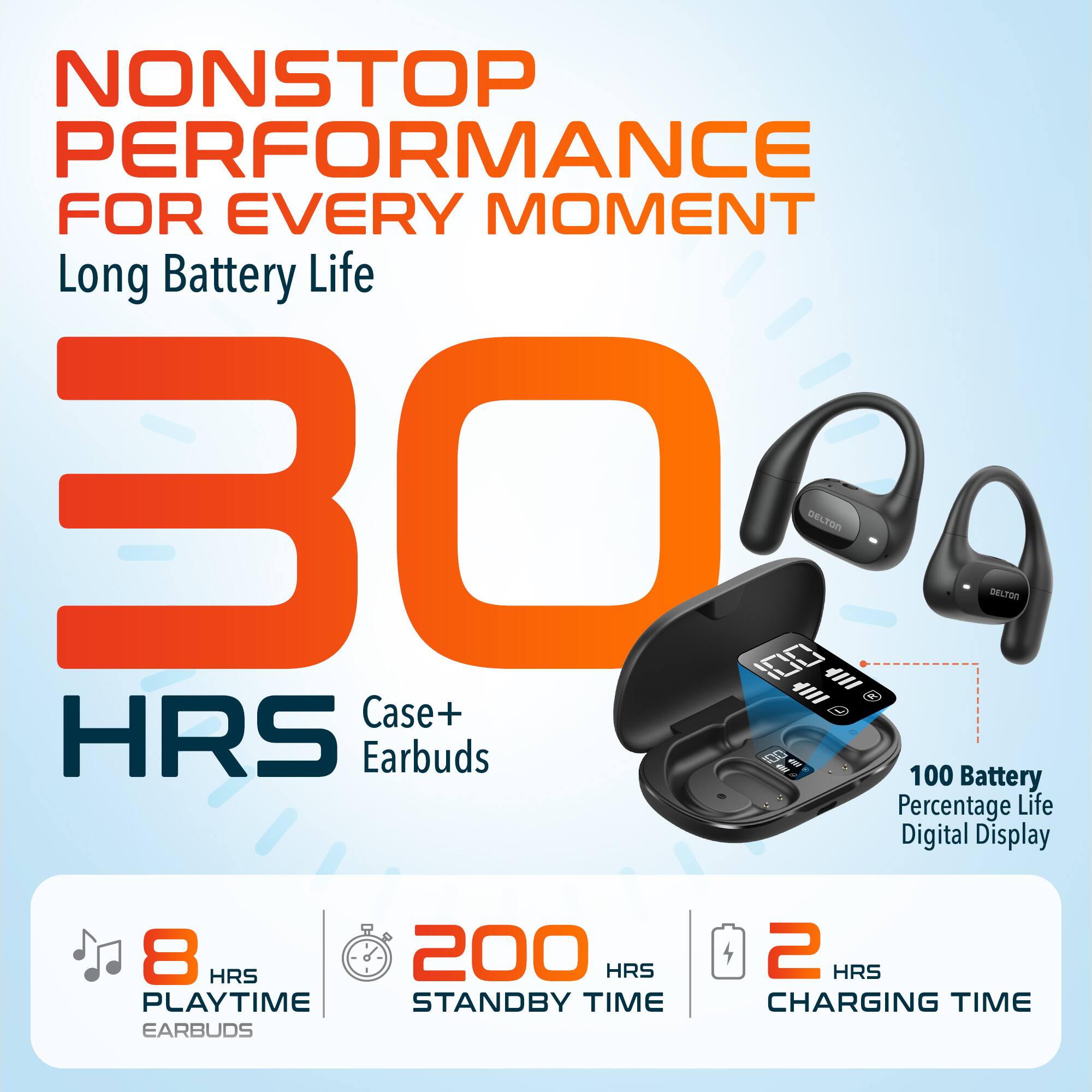 NONSTOP PERFORMANCE FOR EVERY MOMENT  
Long Battery Life  
30 HRS  
Case+ Earbuds  
100 Battery Percentage Life Digital Display  
8 HRS PLAYTIME  
200 HRS STANDBY TIME  
2 HRS CHARGING TIME