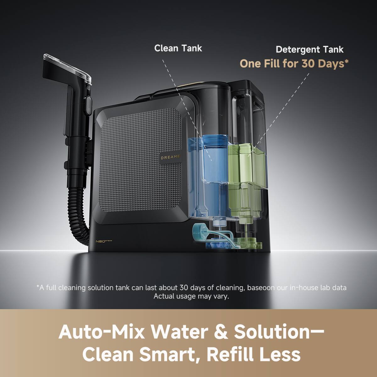 Clean Tank Detergent Tank One Fill for 30 Days*  
DREAME NOL  
*A full cleaning solution tank can last about 30 days of cleaning, based on our in-house lab data. Actual usage may vary.  
Auto-Mix Water & Solution—Clean Smart, Refill Less