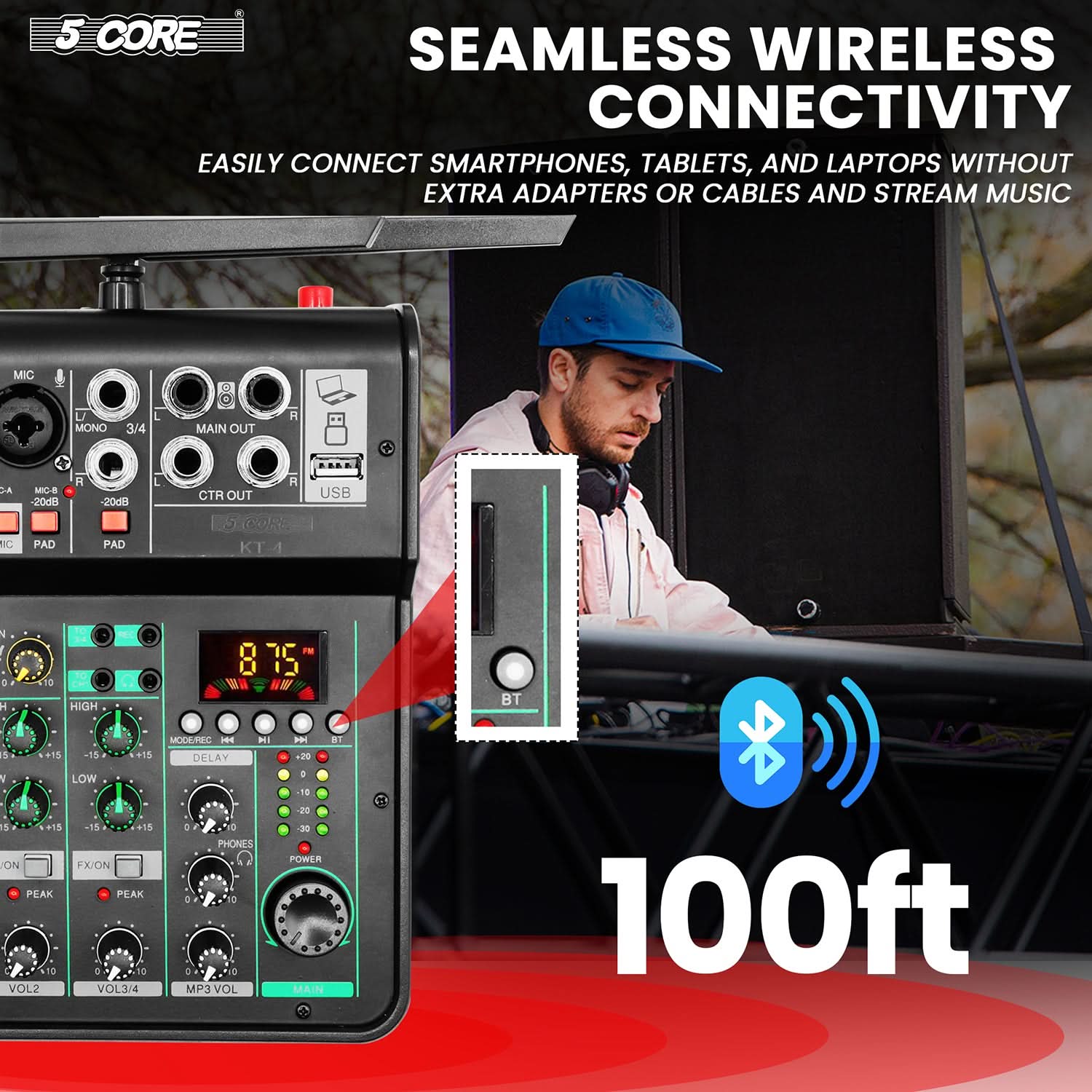 5 CORE

SEAMLESS WIRELESS CONNECTIVITY

EASILY CONNECT SMARTPHONES, TABLETS, AND LAPTOPS WITHOUT EXTRA ADAPTERS OR CABLES AND STREAM MUSIC

100ft