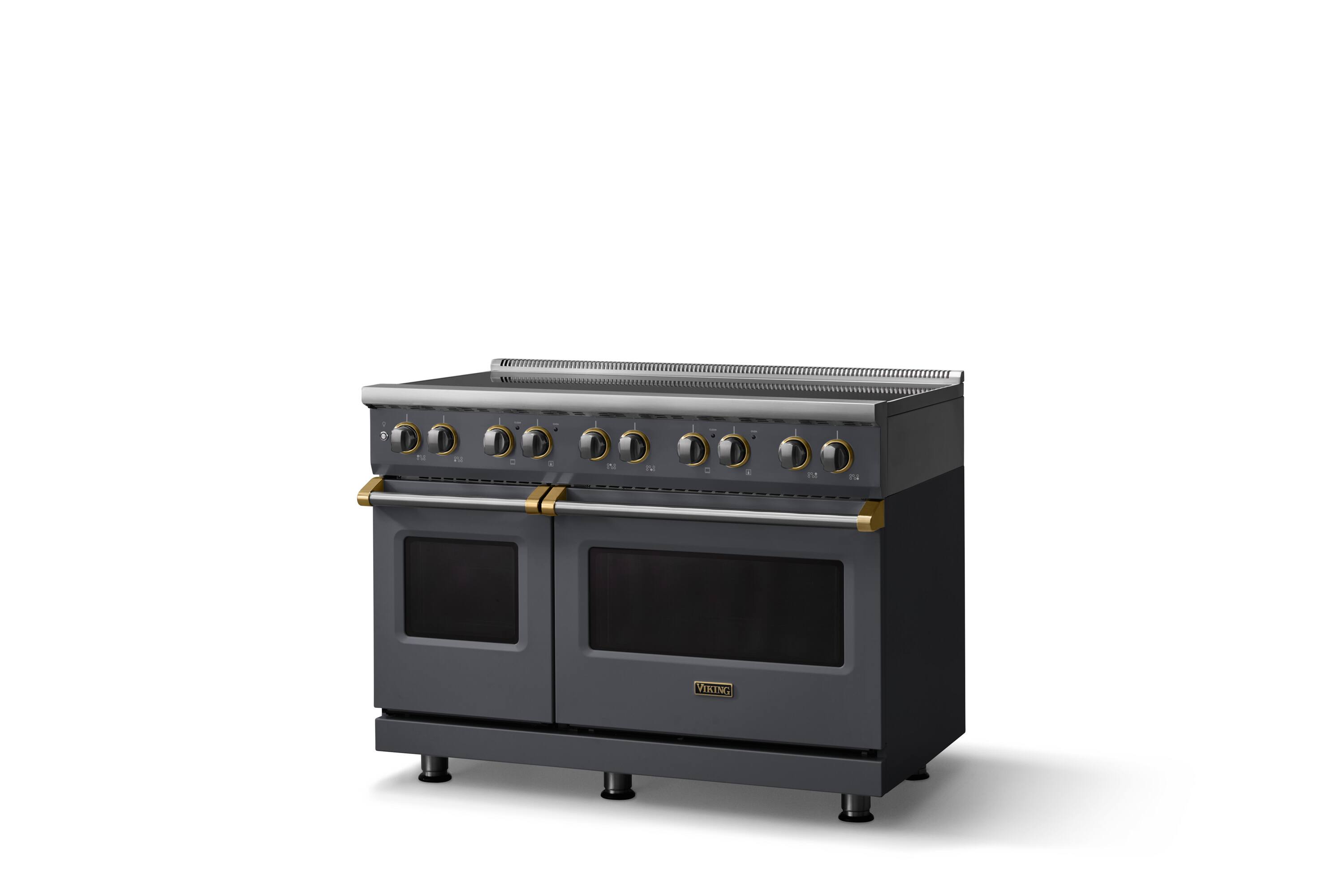 Angle. Viking - 48 in. Wide 6 Elements Pro 5 Series 7.3 Cu.Ft. Freestanding 6 Element Induction Convection Range with Brushed Brass Trim - Slate Blue.
