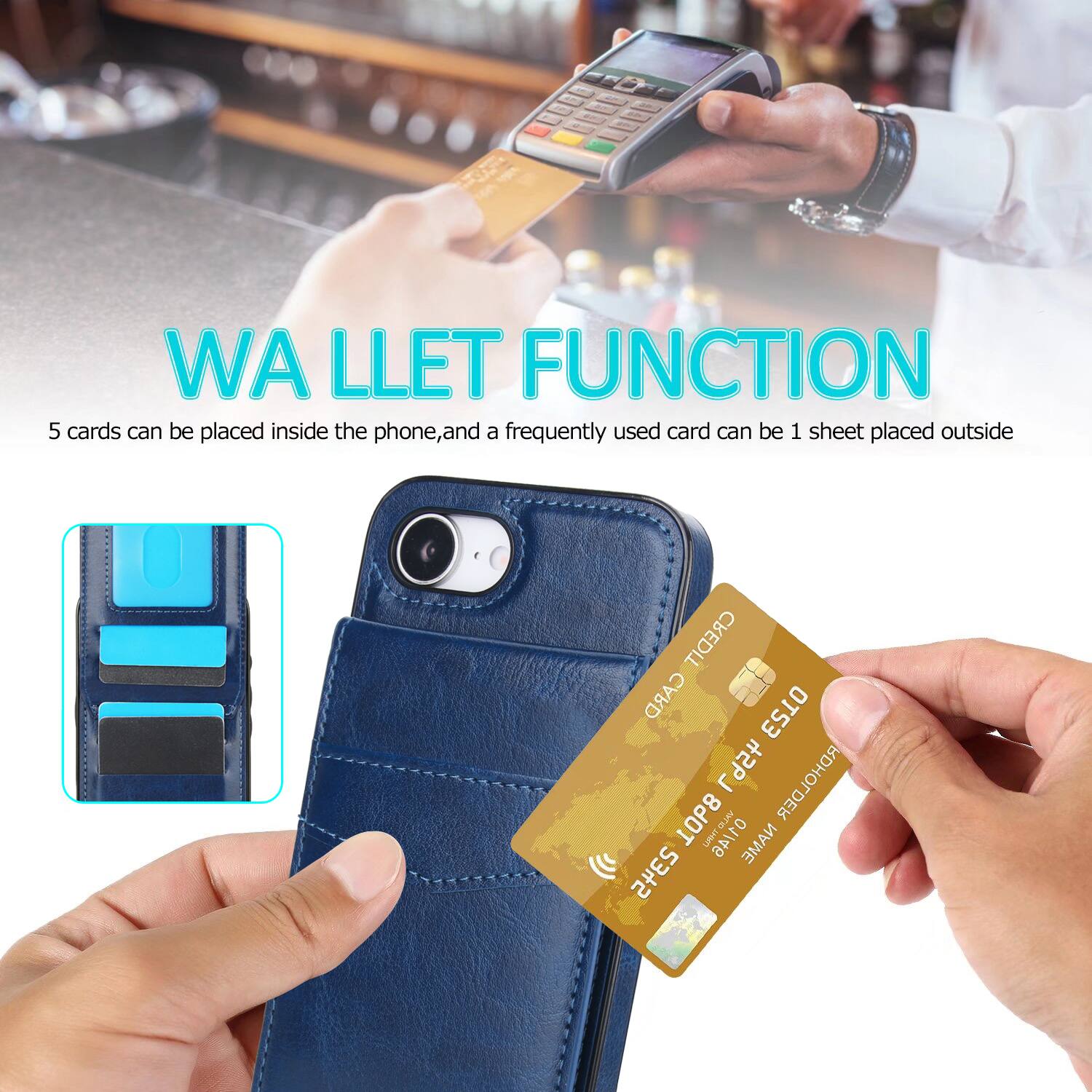 WA LLET FUNCTION  
5 cards can be placed inside the phone, and a frequently used card can be 1 sheet placed outside  
CREDIT CARD HOLDER  
Asm LMHT  
ANTID NAME 2345