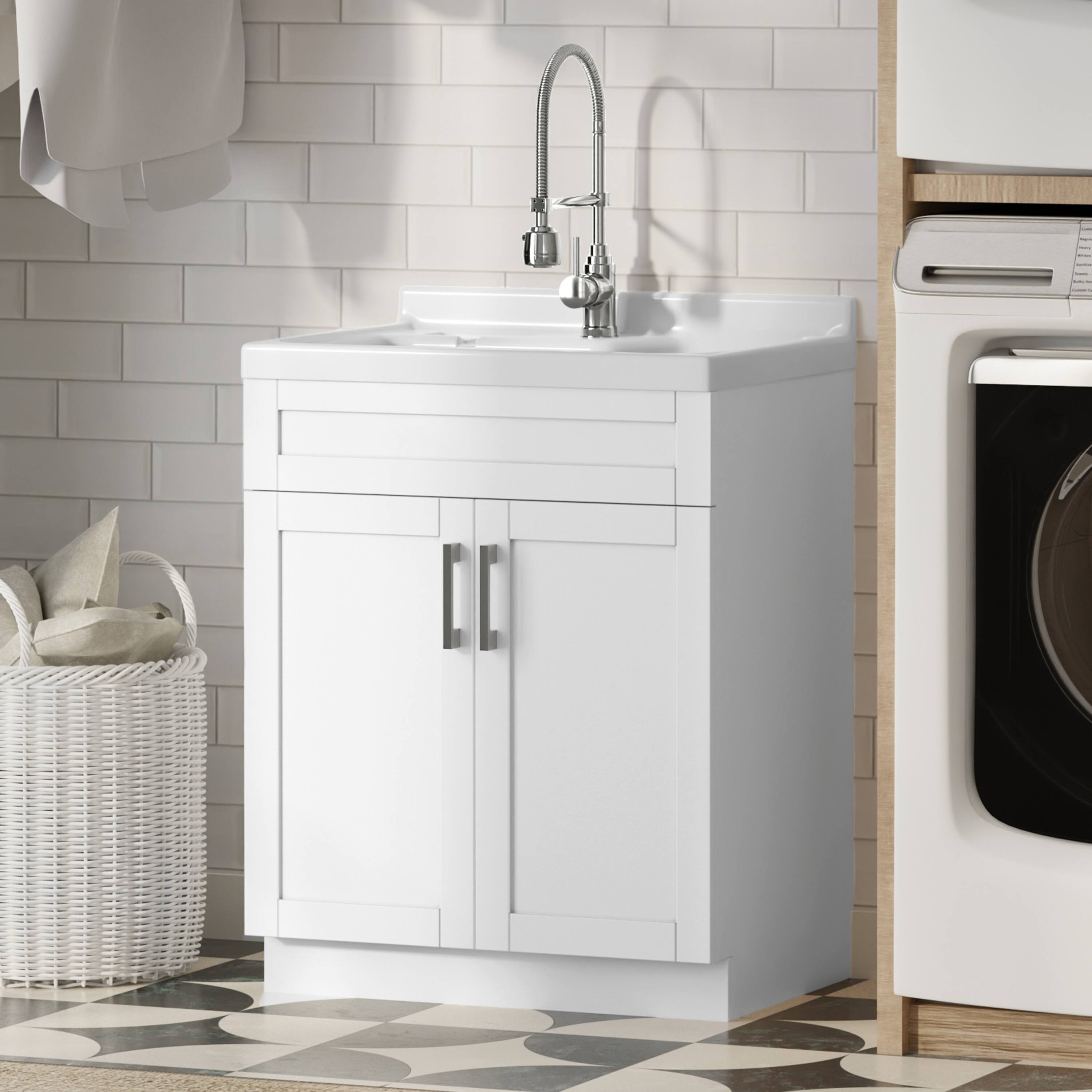 Angle. Simpli Home - Hennessy Deluxe All-In-One 28-inch Laundry Cabinet with Faucet and ABS Sink - Pure White.