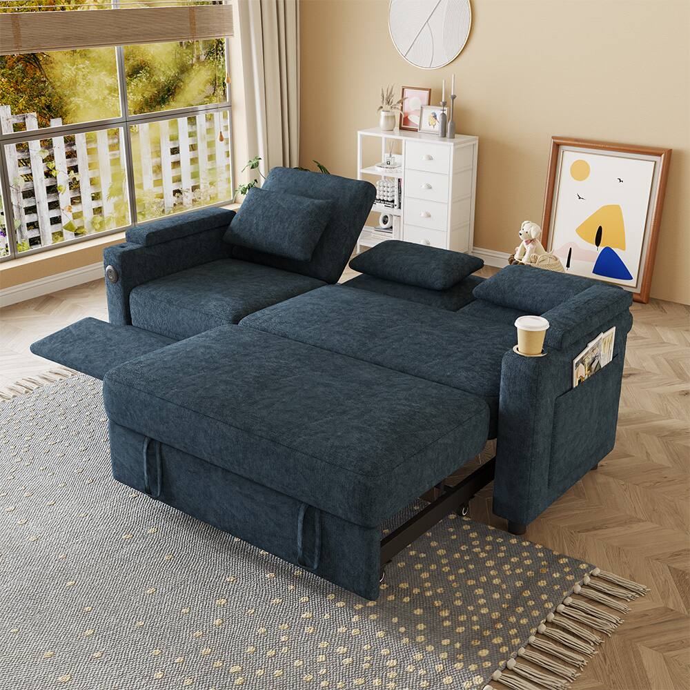 Back. Anysun - 83" Chenille Fabric Foldable Sofa Bed with Electric Recliner, Adjustable Backrest, Table Board, Armrest Storage - Blue.