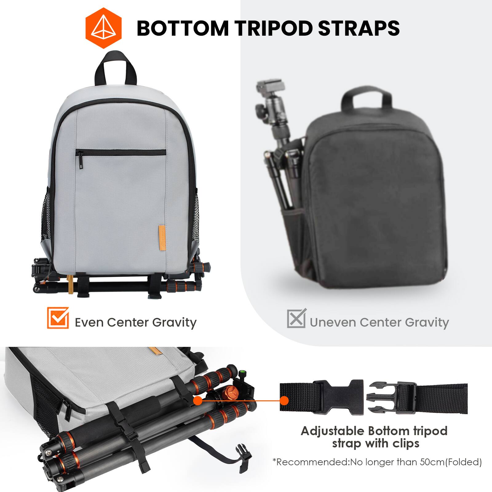 BOTTOM TRIPOD STRAPS

Even Center Gravity

Uneven Center Gravity

Adjustable Bottom tripod strap with clips

*Recommended: No longer than 50cm (Folded)