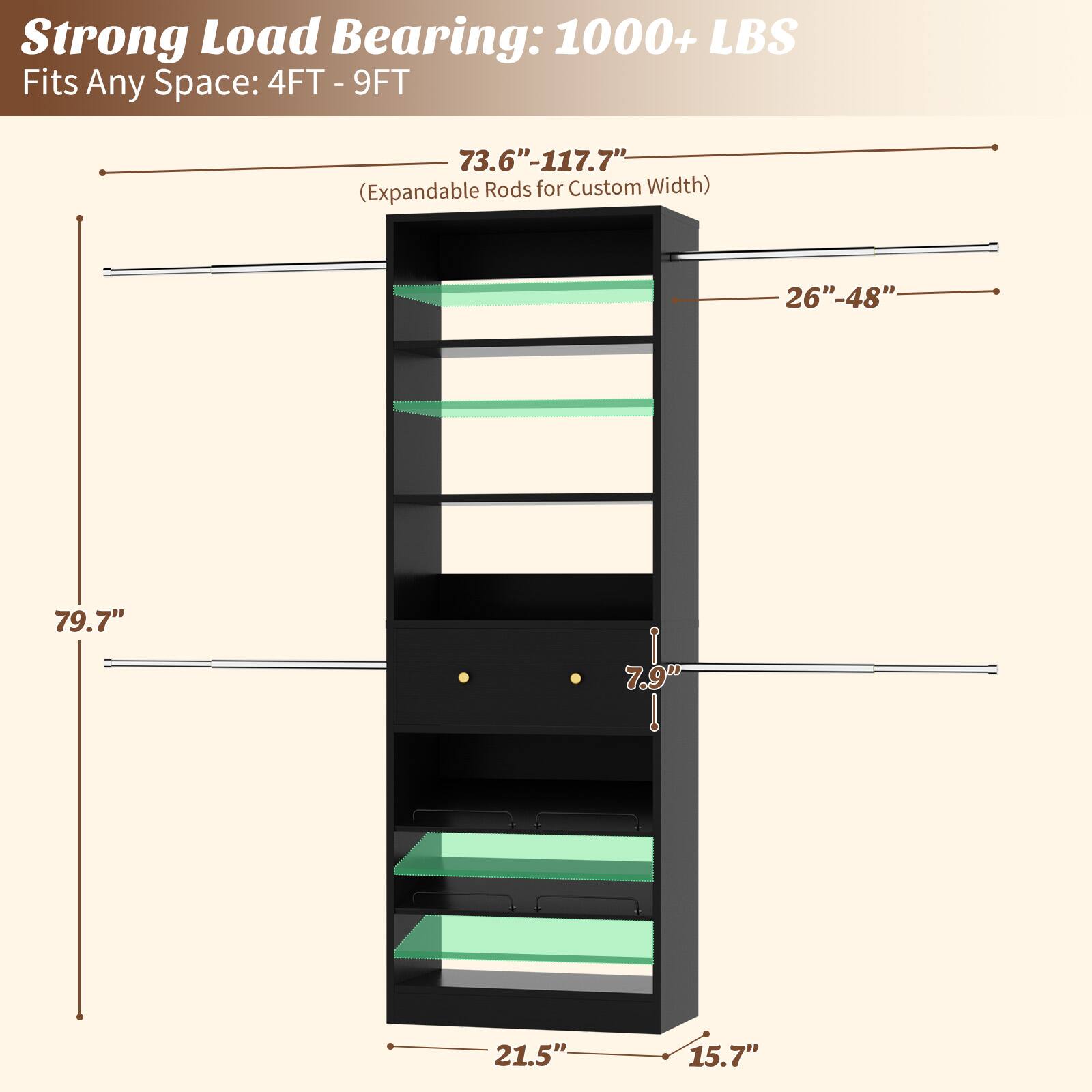 Aheaplus 21.5'' 117.7'' Adjustable Closet System with Drawer