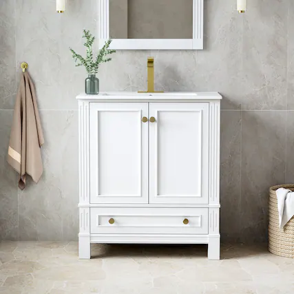 Front. WELLFOR - DURA 30 in. Solid Wood Bath Vanity with Countertop Basin, Single Sink - White.