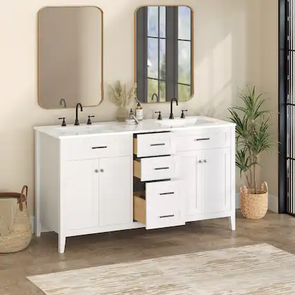 Front. U-HOMY - Modern Bathroom Vanity with Ceramic Sink, Soft-Close Storage Cabinet and Drawer, Glossy Countertop, White - 22"x60".