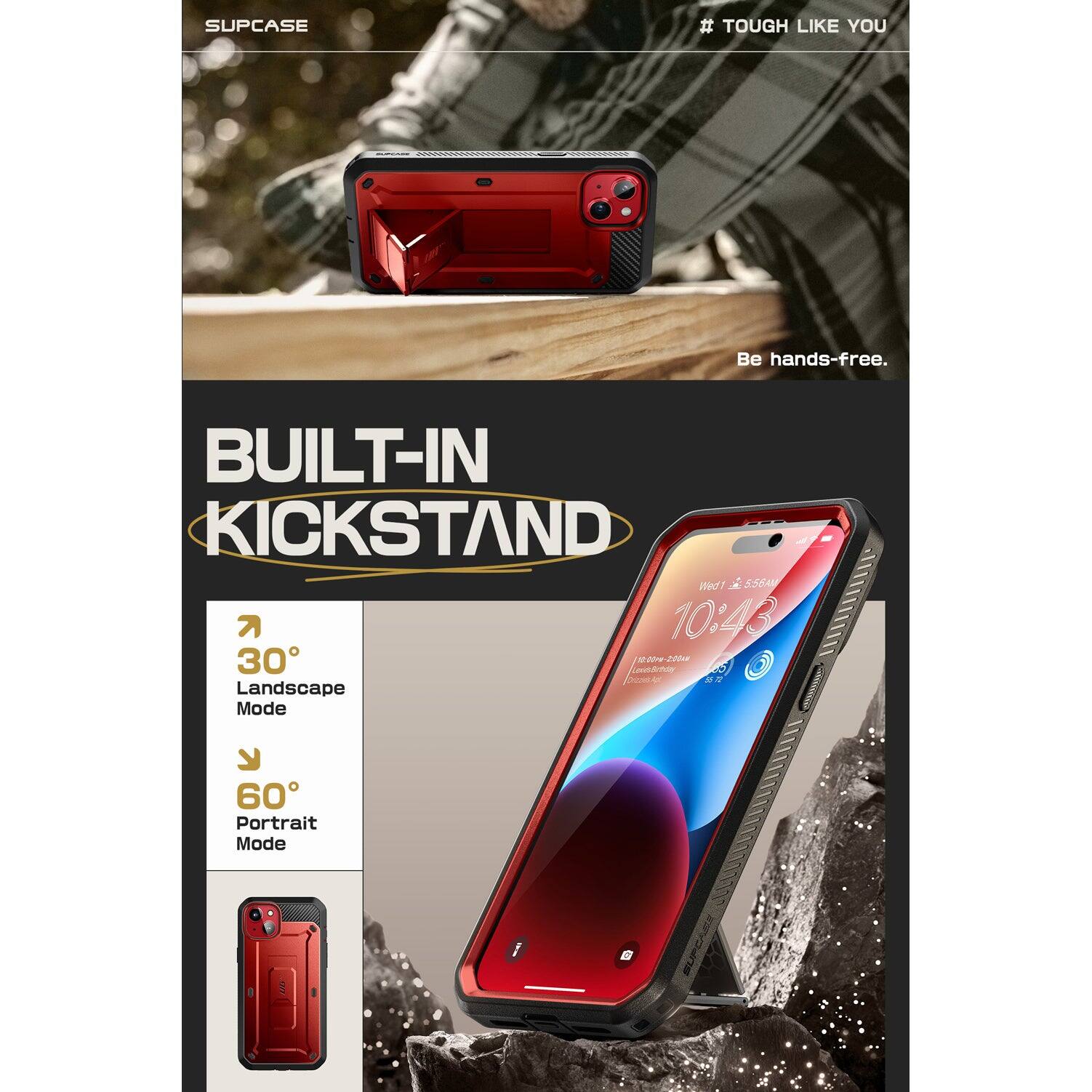 SUPCASE  
# TOUGH LIKE YOU  

Be hands-free.  

BUILT-IN KICKSTAND  

30°  
Landscape Mode  

60°  
Portrait Mode  

Wed 5:56M  
10:43  
10° 20° 200  
Landscape Mode  
Portrait Mode