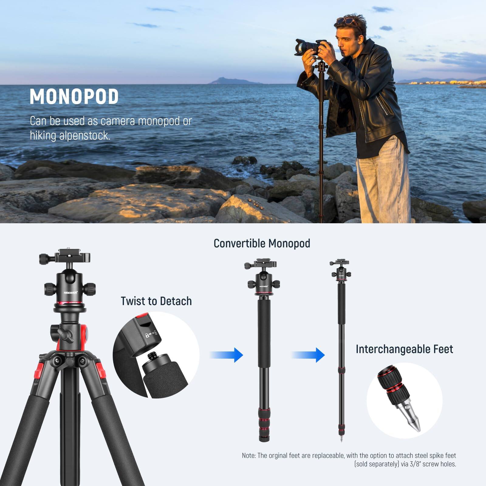 MONOPOD  
Can be used as camera monopod or hiking alpenstock.

Convertible Monopod  
Twist to Detach  
Interchangeable Feet

Note: The original feet are replaceable, with the option to attach steel spike feet (sold separately) via 3/8" screw holes.