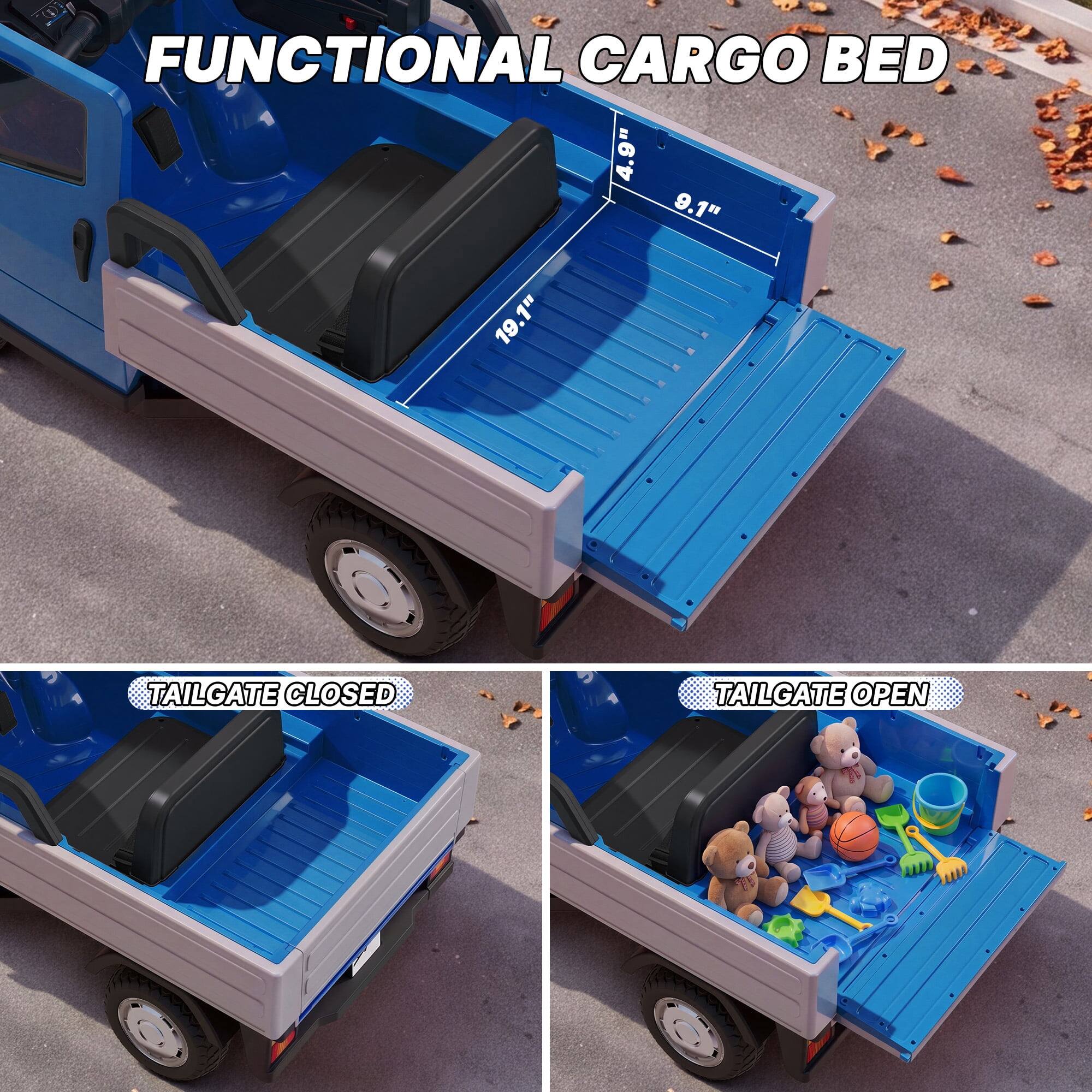 FUNCTIONAL CARGO BED  
4.9" 9.1" 19.1"  

TAILGATE CLOSED  
TAILGATE OPEN