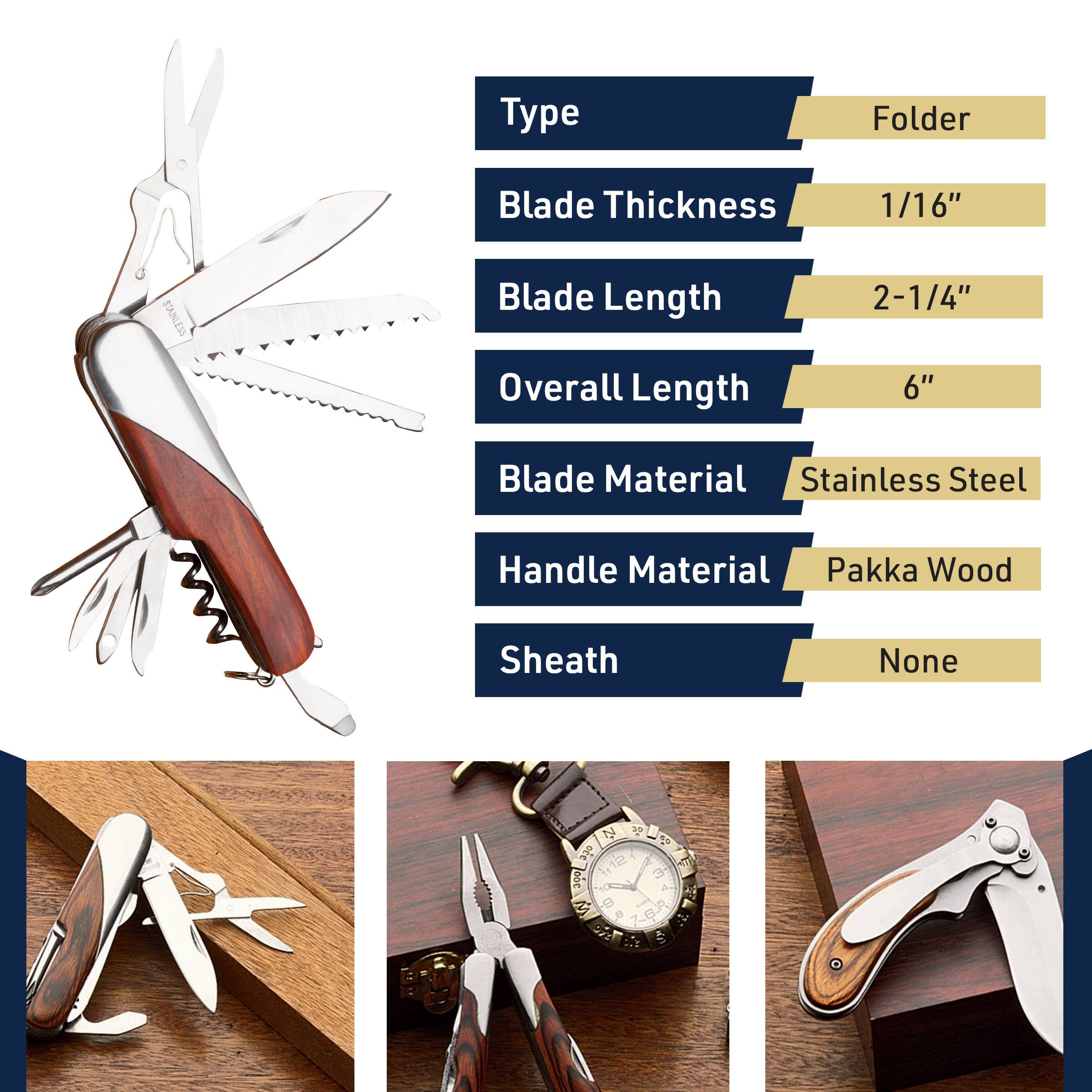 Type: Folder  
Blade Thickness: 1/16"  
Blade Length: 2-1/4"  
Overall Length: 6"  
Blade Material: Stainless Steel  
Handle Material: Pakka Wood  
Sheath: None