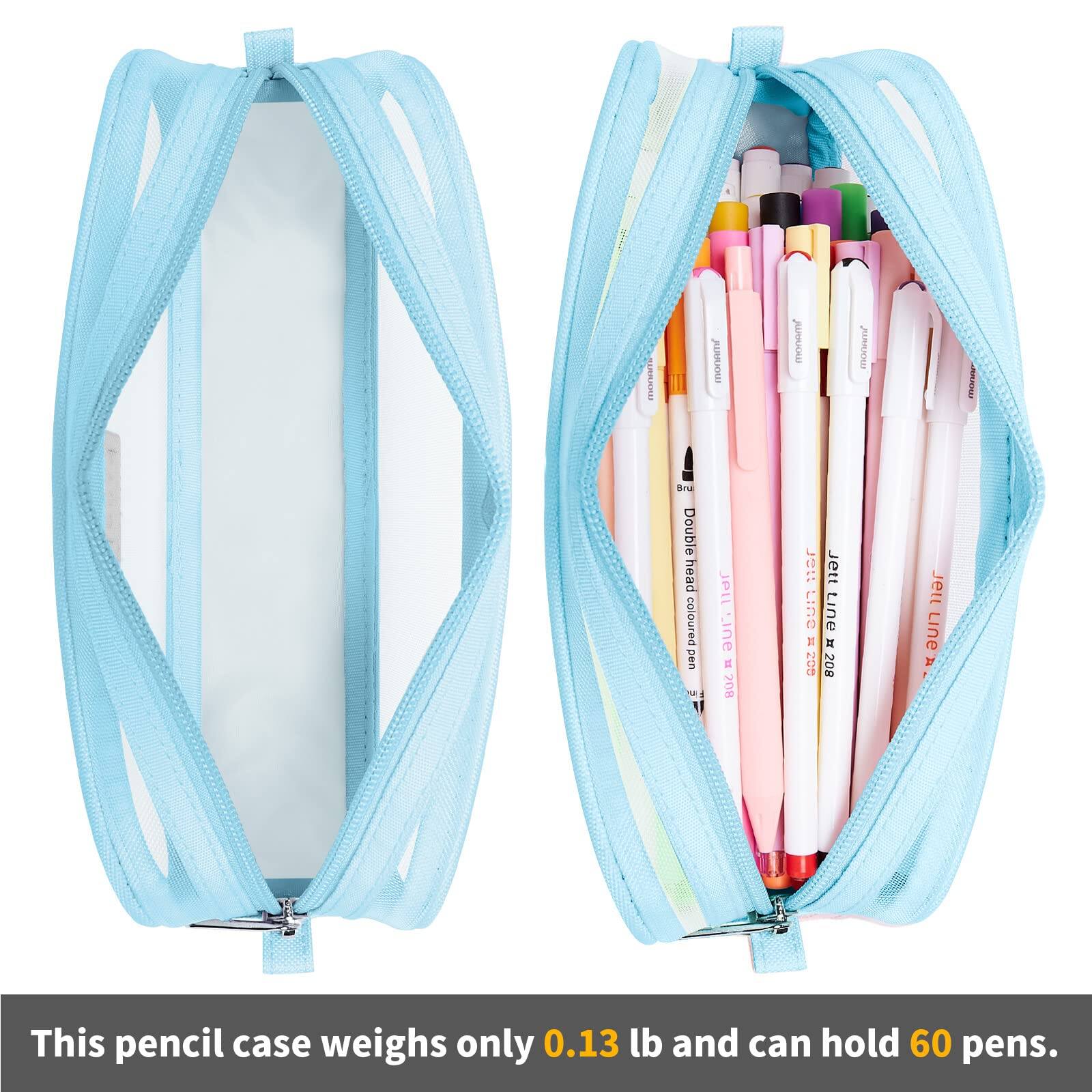 This pencil case weighs only 0.13 lb and can hold 60 pens.