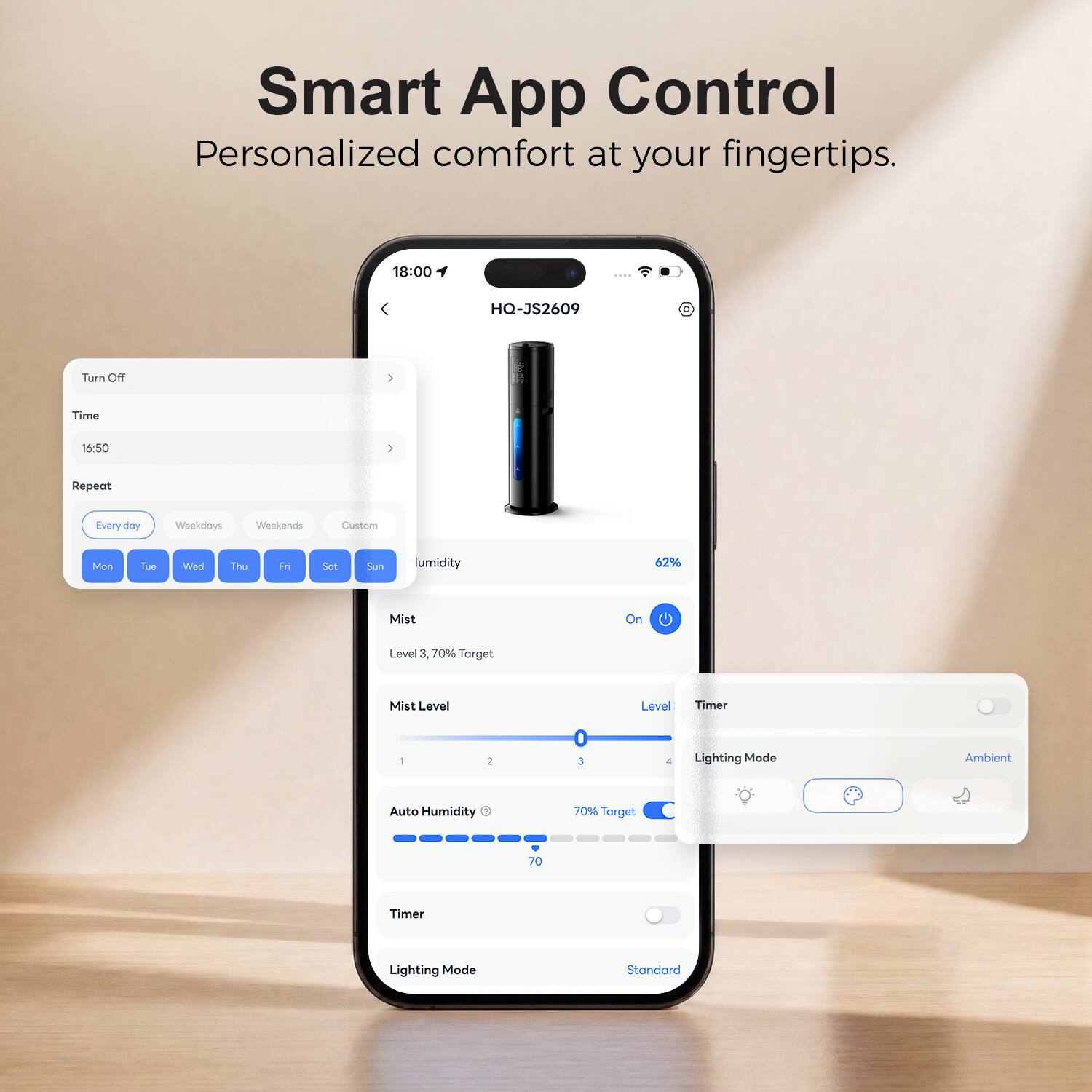 Smart App Control  
Personalized comfort at your fingertips.

18:00  
HQ-JS2609

Turn Off  
Time  
16:50  
Repeat  
Everyday  
Weekdays  
Weekends  
Custom  
Mon  
Tue  
Wed  
Thu  
Fri  
Sat  
Sun

Humidity  
62%  
Mist Level 3, 70% Target  
On

Mist Level  
Level  
Timer  
1  
2  
3  
4

Lighting Mode  
Ambient  
Auto Humidity  
70% Target  
70  
Timer  
Lighting Mode  
Standard