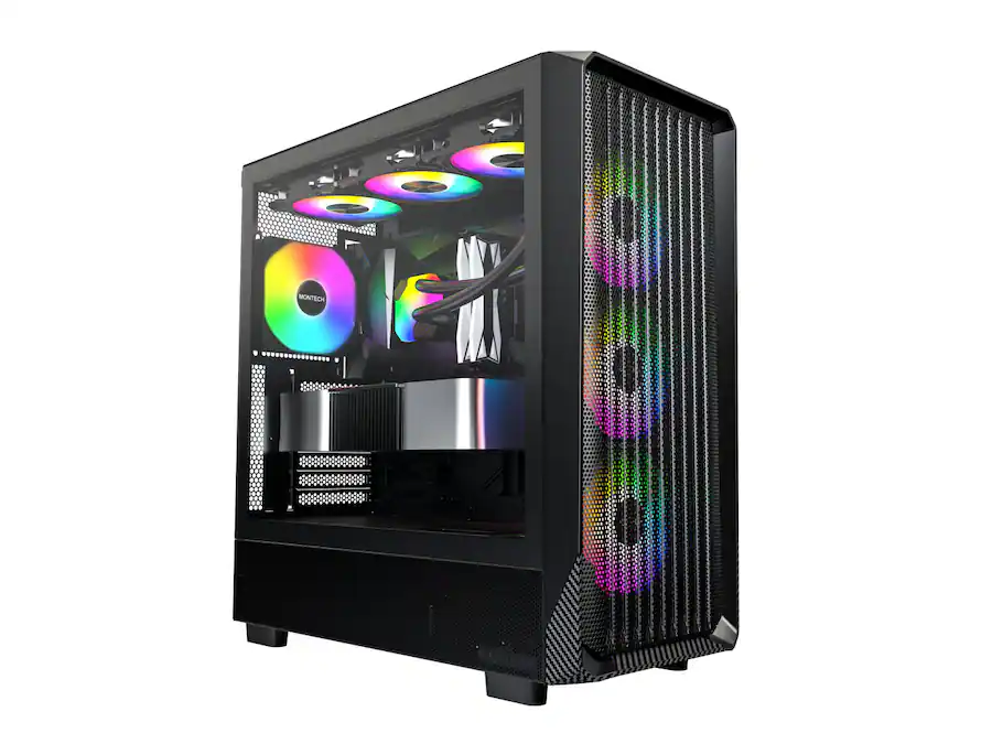 Montech X5 ATX Mid Tower Case, 4x ARGB Fans, Glass Side, GPU Holder ...
