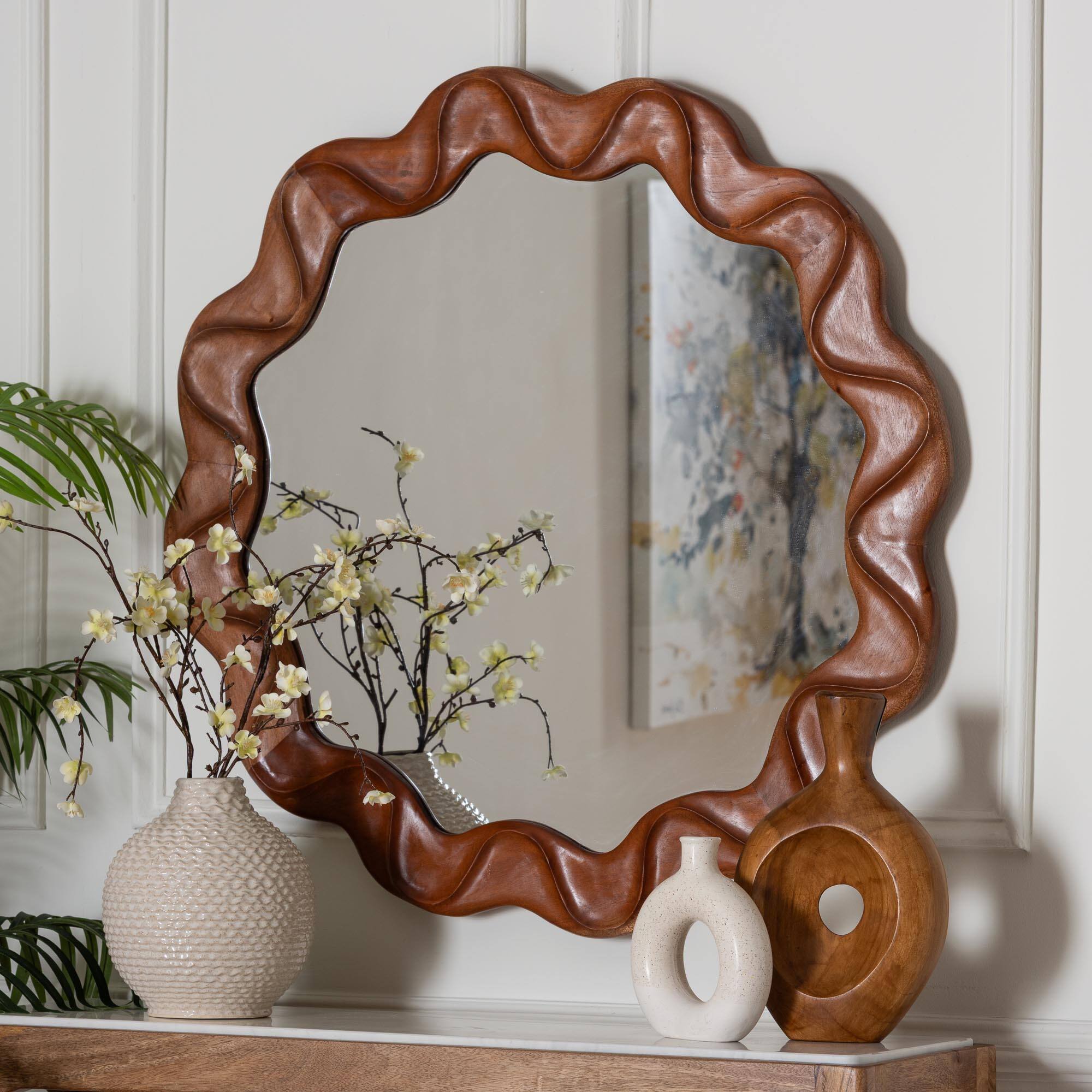 Left. bali & pari - Bahati Round Wall Mirror with Sculpted Wavy Frame - Decorative Accent Mirror for Entryway, Bedroom, or Living Room - Mahogany Brown.