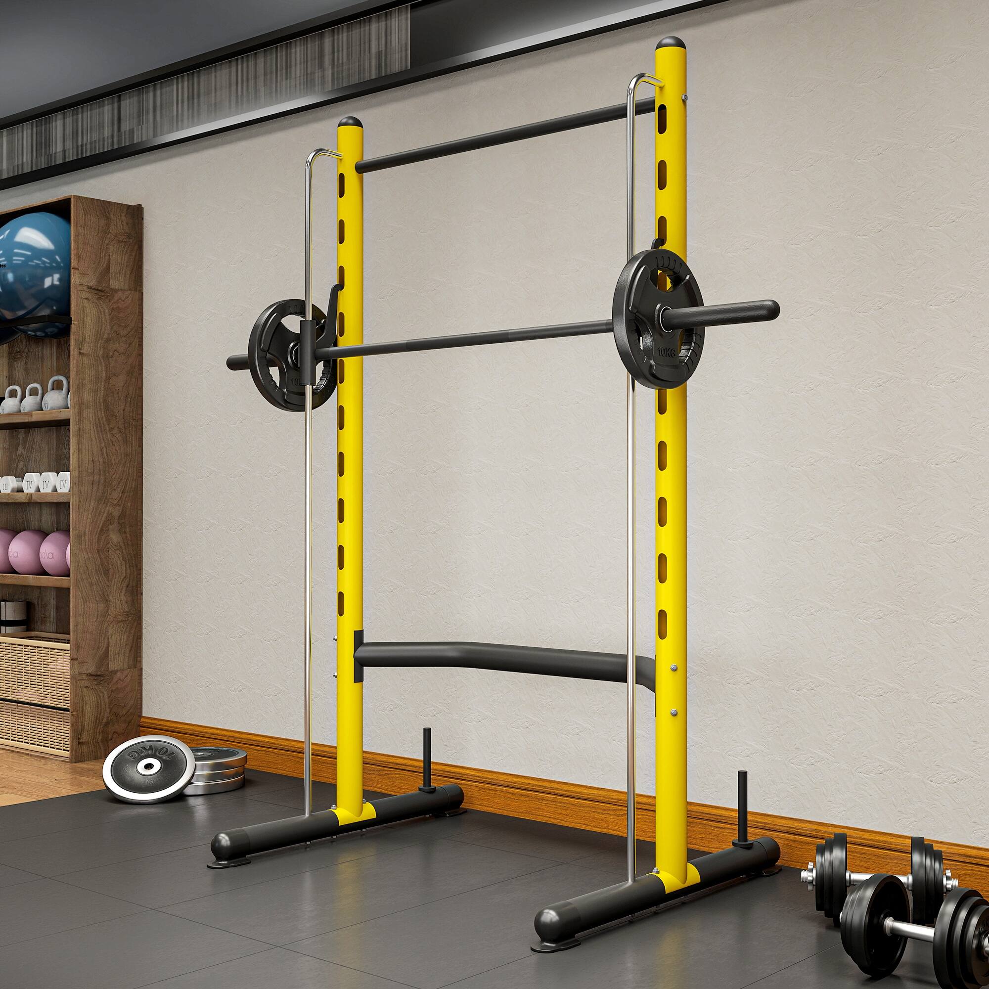 Alt View 8. Soozier - Squat Rack with Pull-Up Bar, Adjustable Power Rack with Barbell Bar, Multi-Functional Bench Press Rack - Yellow.