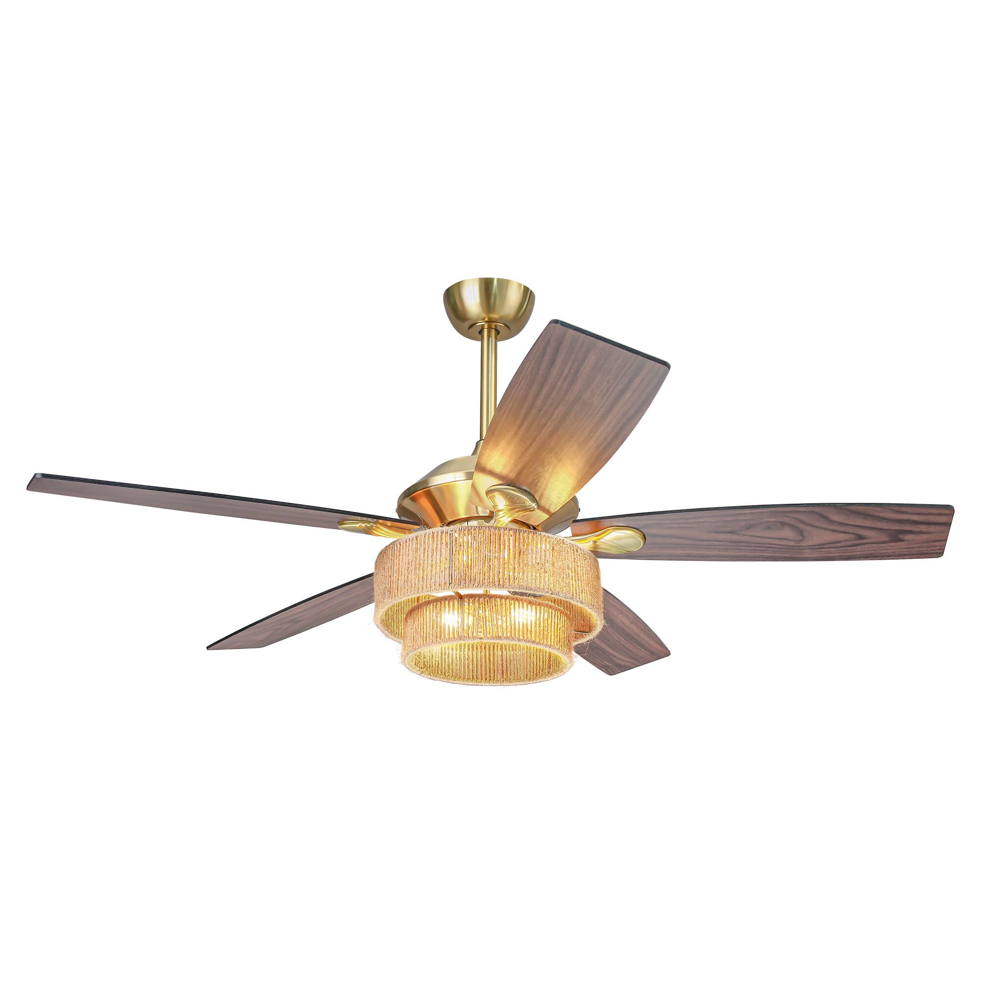 Angle. Parrot Uncle - 52" Farmhouse Natural Reversible 5-Blade Gold Ceiling Fan with Remote - Gold.