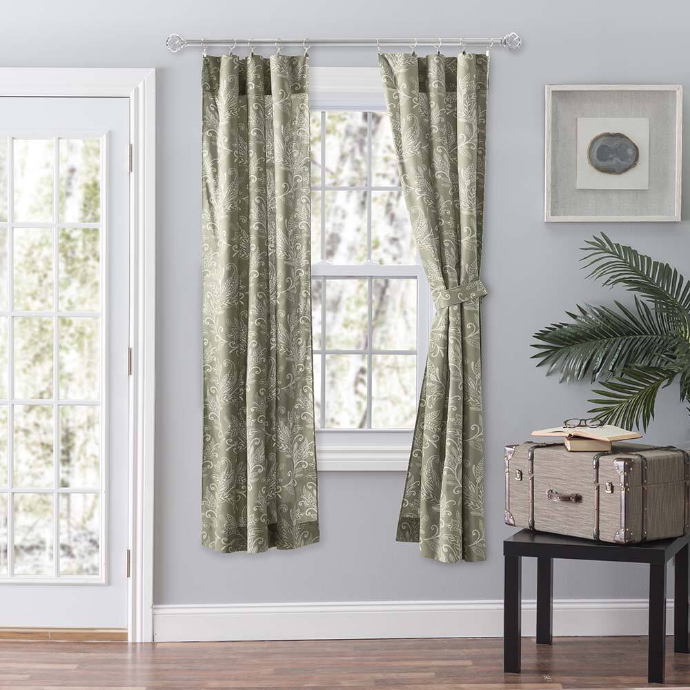 Angle. Ellis Curtain - Ellis Curtain Lexington Leaf Pattern on Colored Ground Curtain Pair with Ties 56"x63" Sage - Sage.