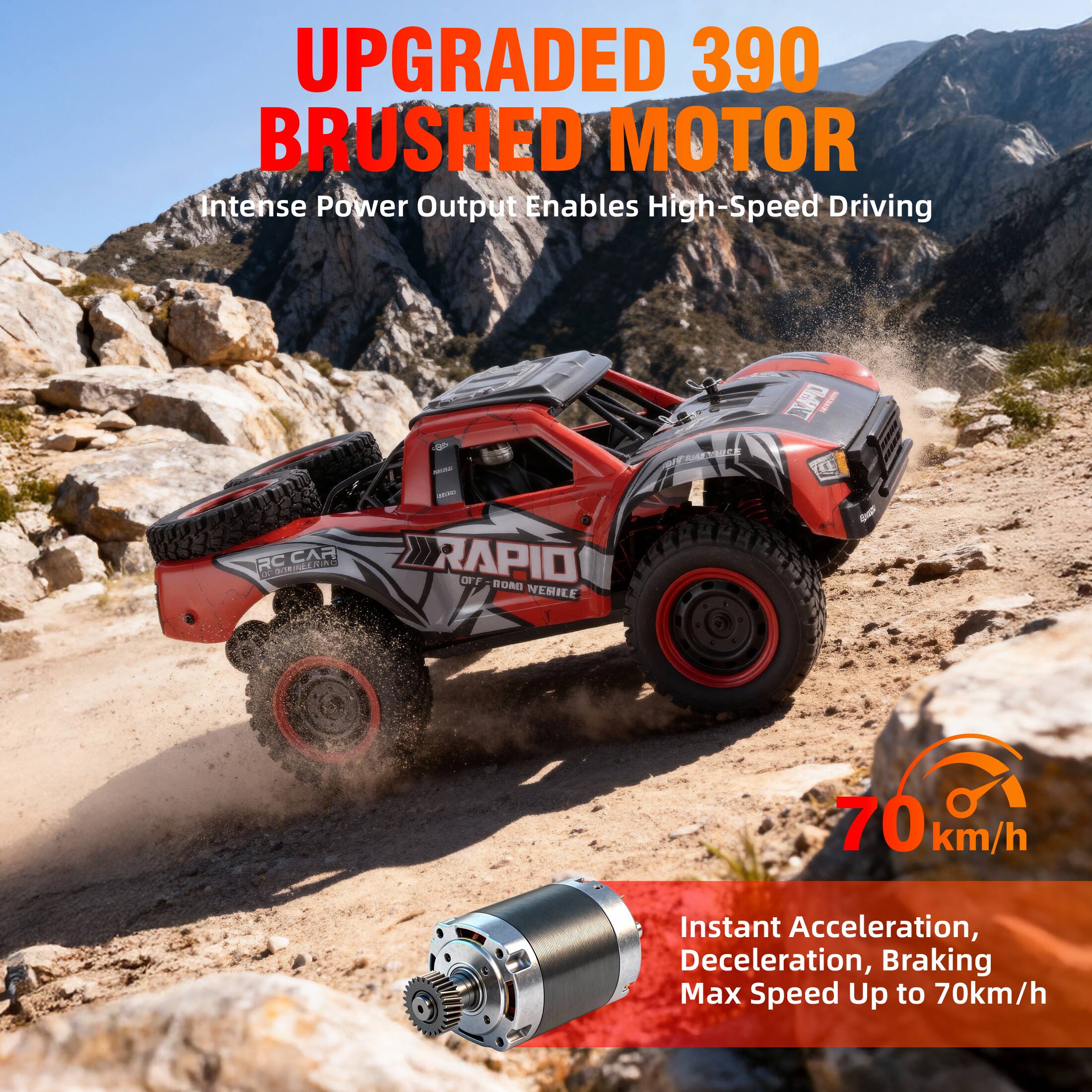UPGRADED 390 BRUSHED MOTOR  
Intense Power Output Enables High-Speed Driving  

70 km/h  
Instant Acceleration, Deceleration, Braking  
Max Speed Up to 70 km/h