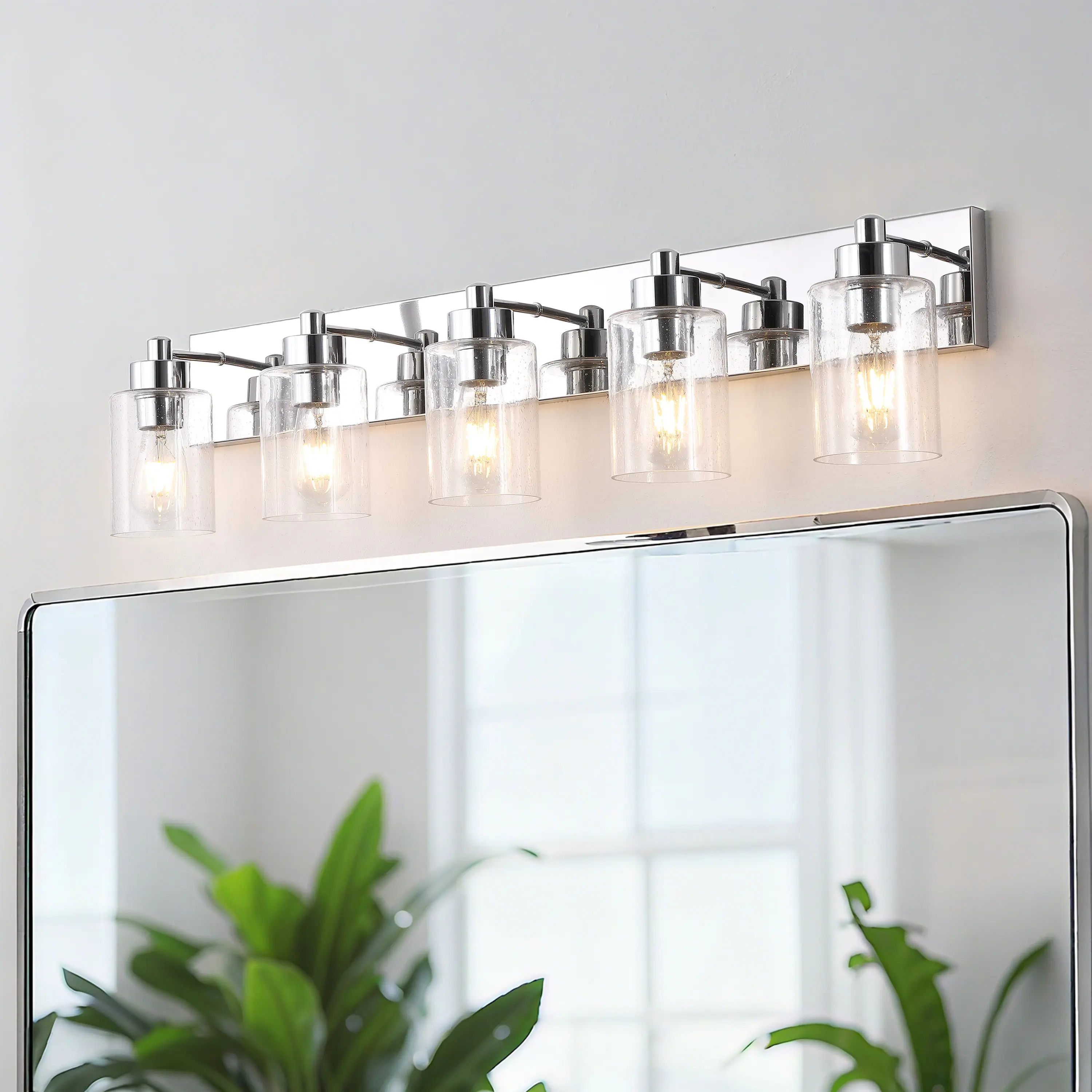 Alt View 1. Jonathan Y - Irving 36" 5-Light Seeded Glass/Iron Modern Contemporary LED Vanity Light, Chrome - Chrome/Clear.