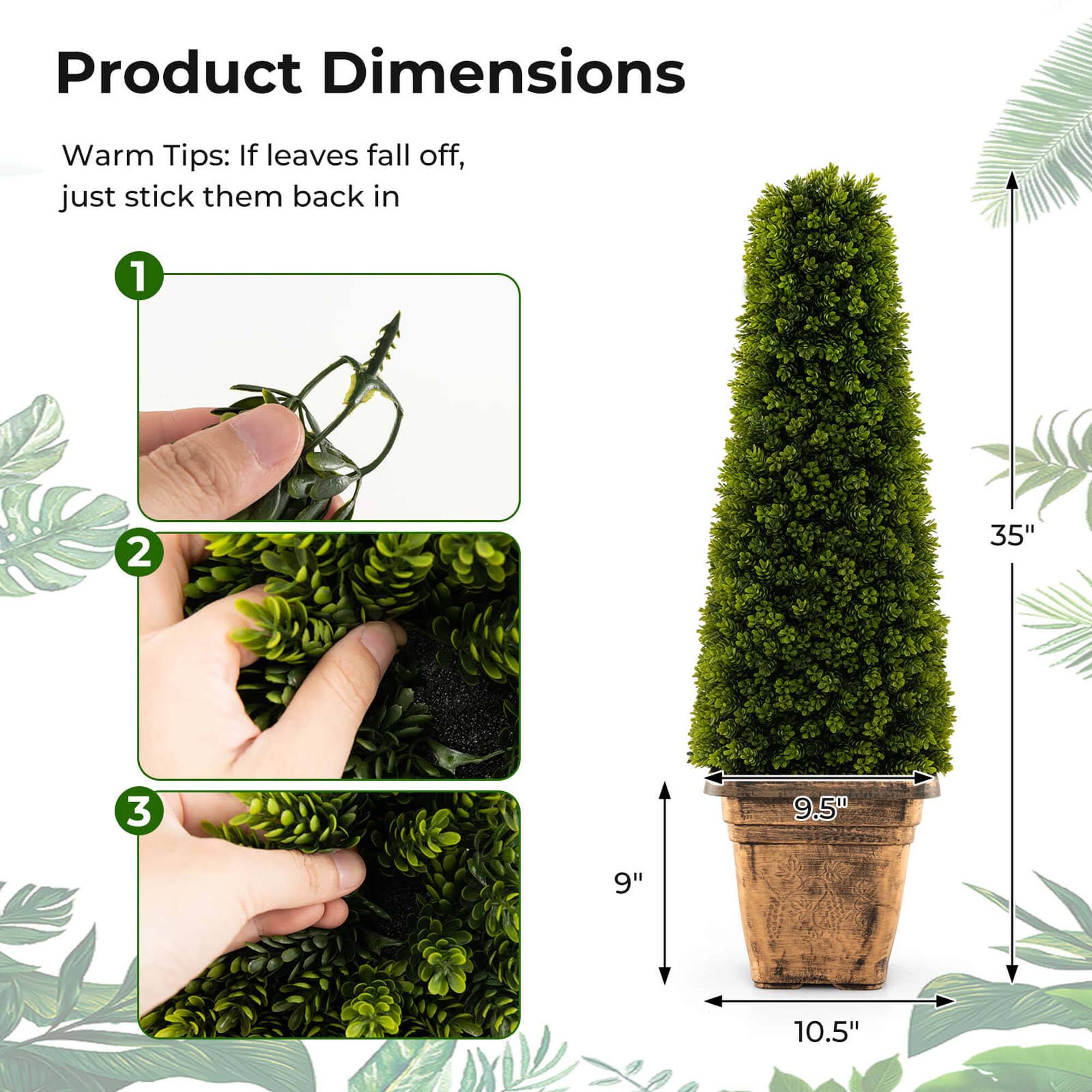 Product Dimensions Warm Tips: If leaves fall off, just stick them back in.

1. 35"
2. 9.5"
3. 9"
4. 10.5"