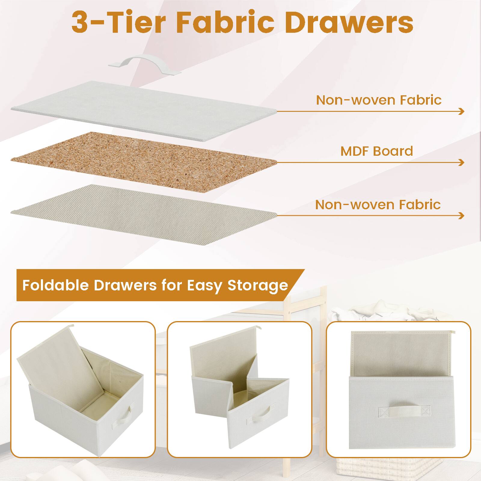 3-Tier Fabric Drawers

- Non-woven Fabric
- MDF Board
- Non-woven Fabric

Foldable Drawers for Easy Storage