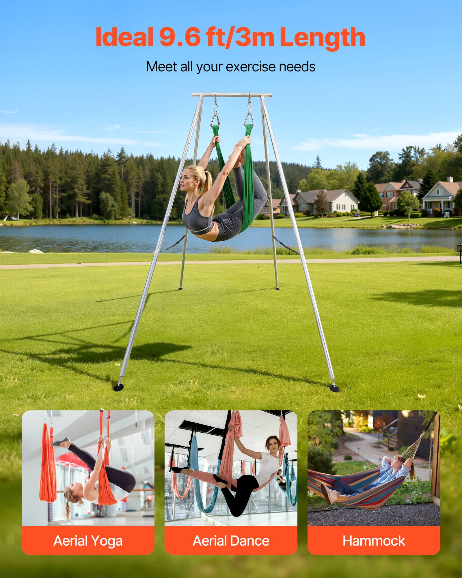 Ideal 9.6 ft/3m Length  
Meet all your exercise needs  

Aerial Yoga  
Aerial Dance  
Hammock