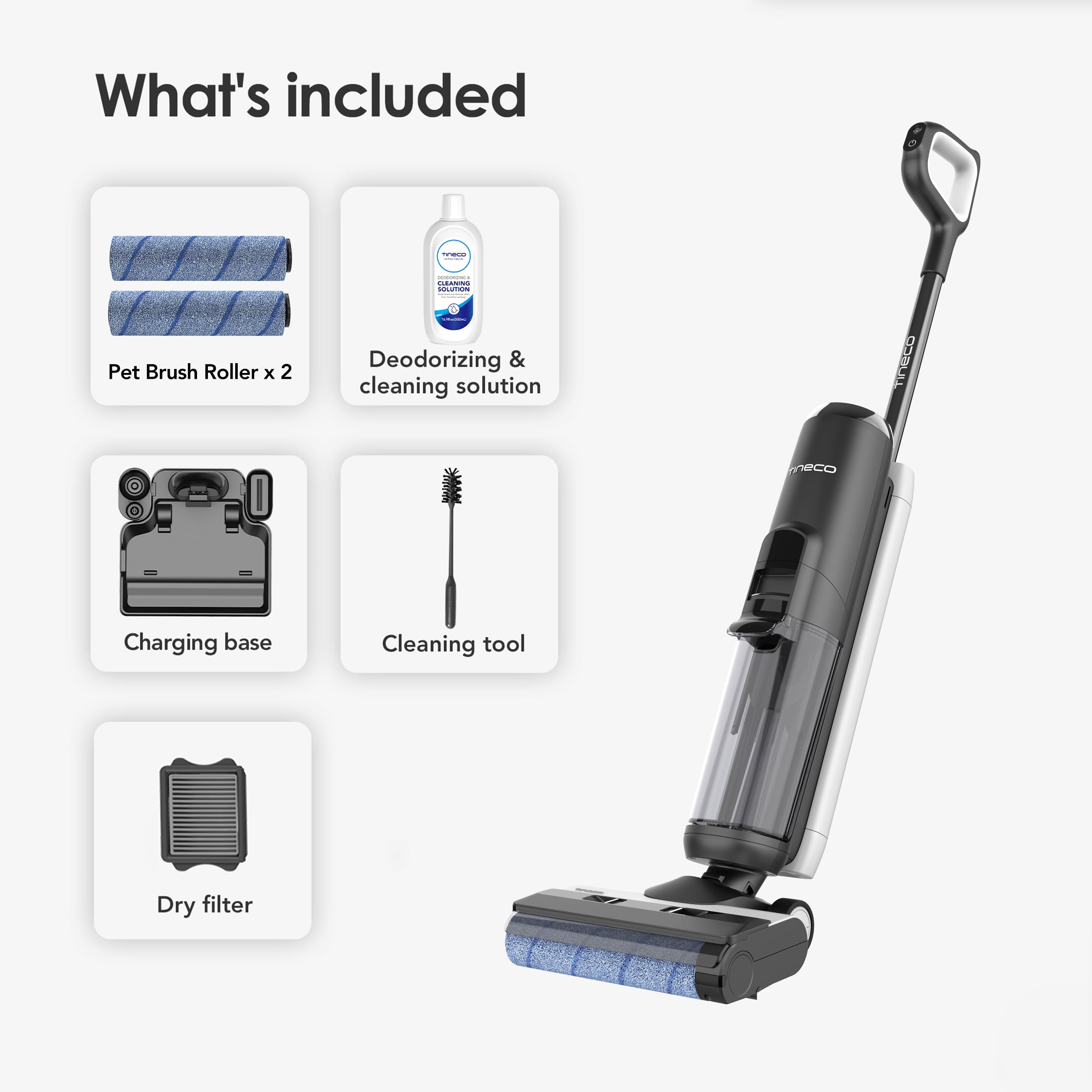 What's included | ! d Pet Brush Roller x 2 Deodorizing & cleaning solution J eCO - - Charging base Cleaning tool Dry filter