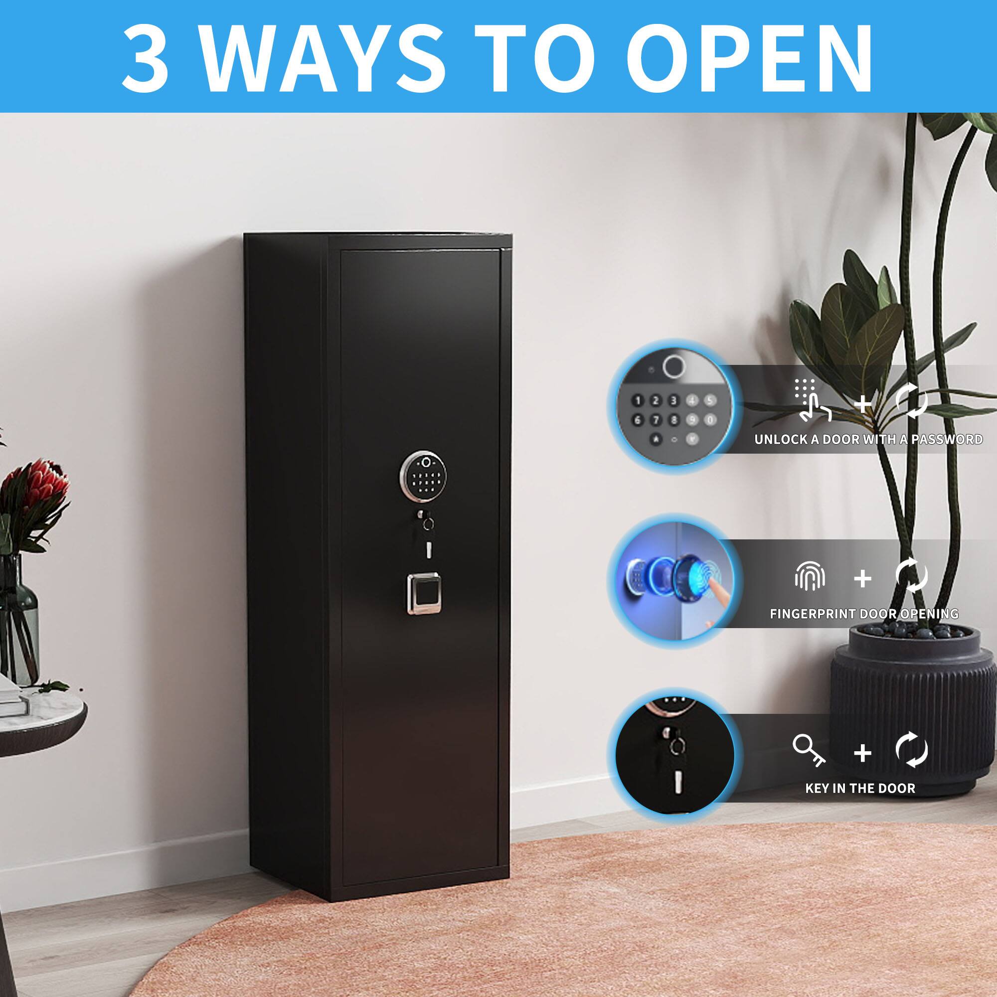 3 WAYS TO OPEN

1. UNLOCK A DOOR WITH A PASSWORD
2. FINGERPRINT DOOR OPENING
3. KEY IN THE DOOR