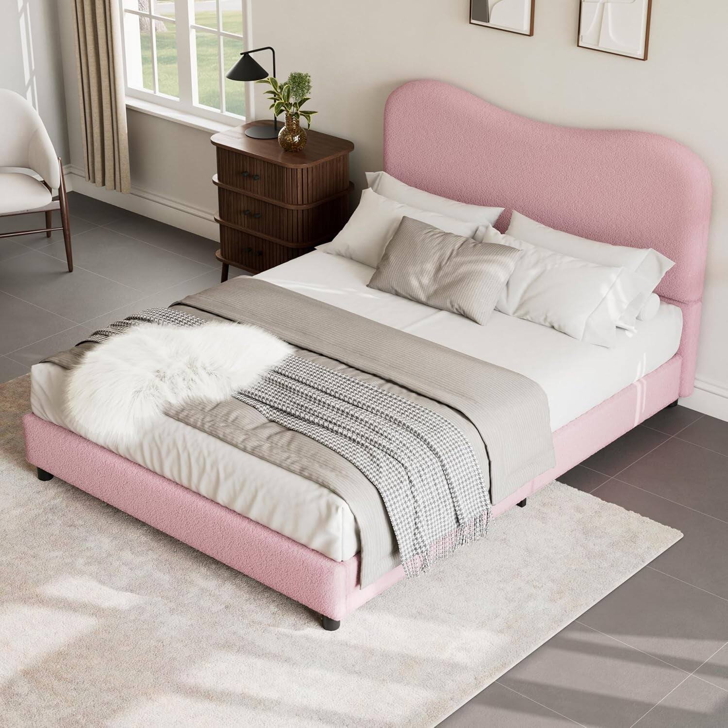 Alt View 3. GARVEE - Full Size Platform Bed Frame, Metal Frame, Sherpa Upholstered, No Box Spring, Pink - Pink Full.