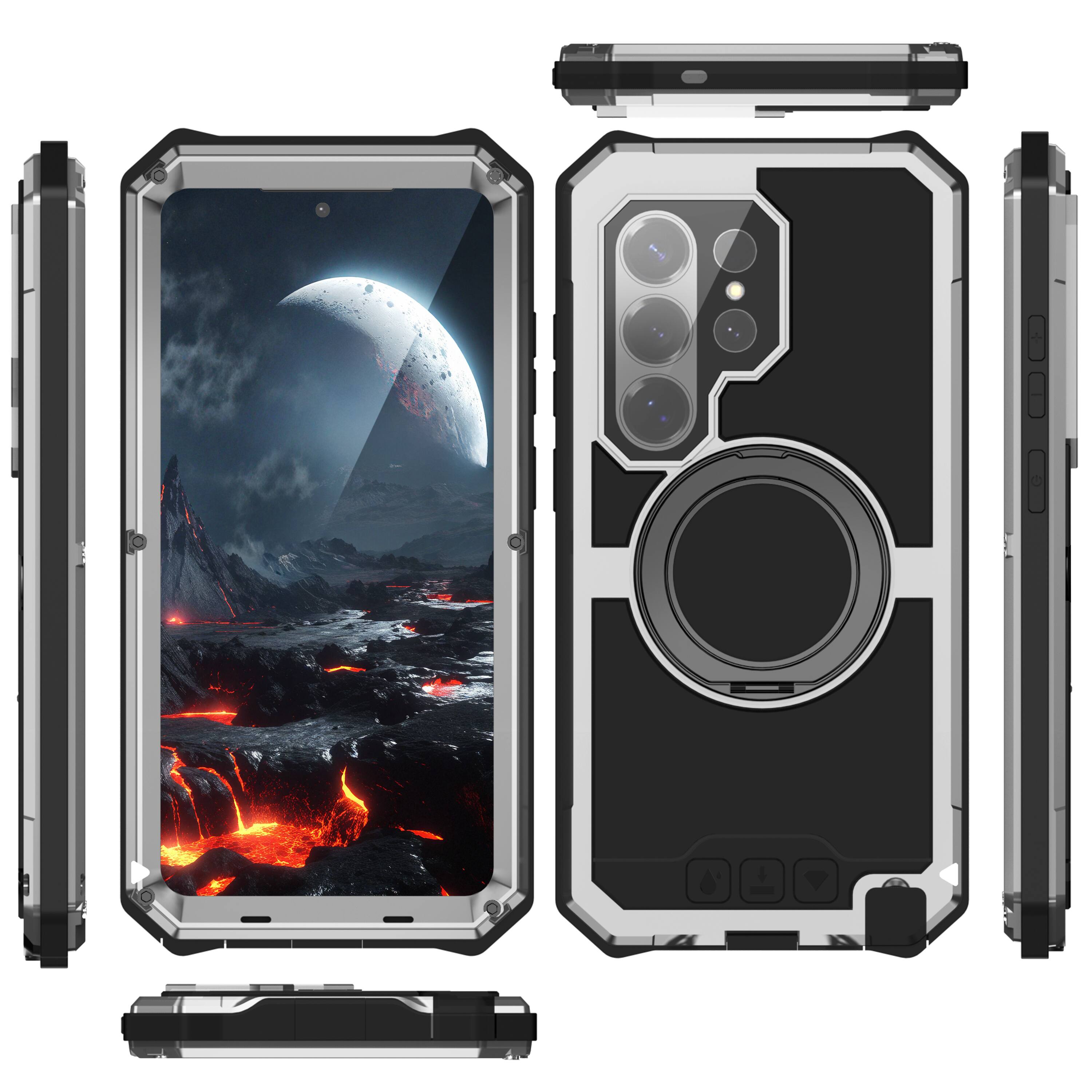 Left. Dteck - Rugged Full Body Case For Samsung Galaxy S26 Ultra Shockproof Magnetic Ring Stand Cover Built-in Screen Lens Protector - Silver.