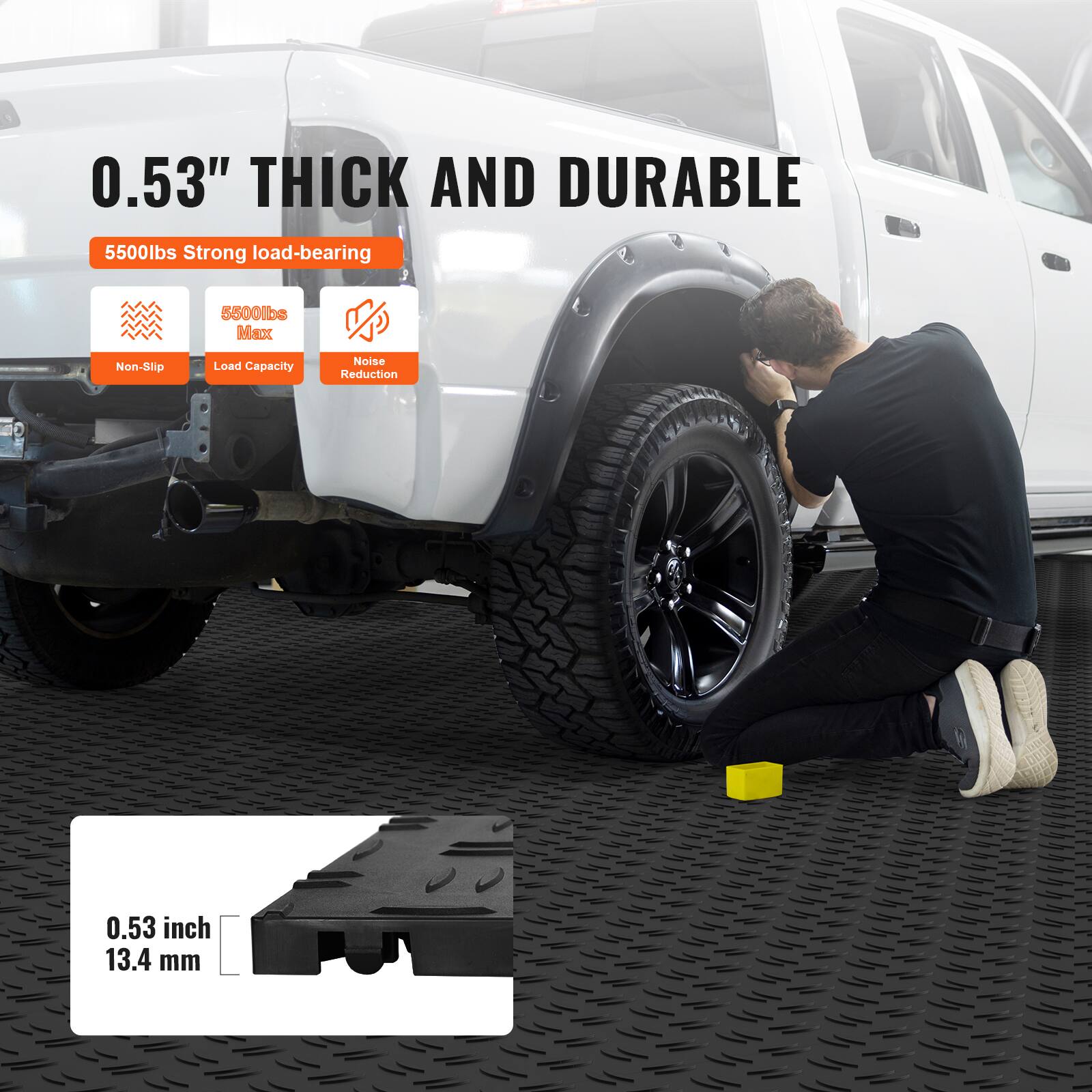 0.53" THICK AND DURABLE

5500lbs Strong load-bearing

5500lbs Max Non-Slip Load Capacity

Noise Reduction

0.53 inch 13.4 mm