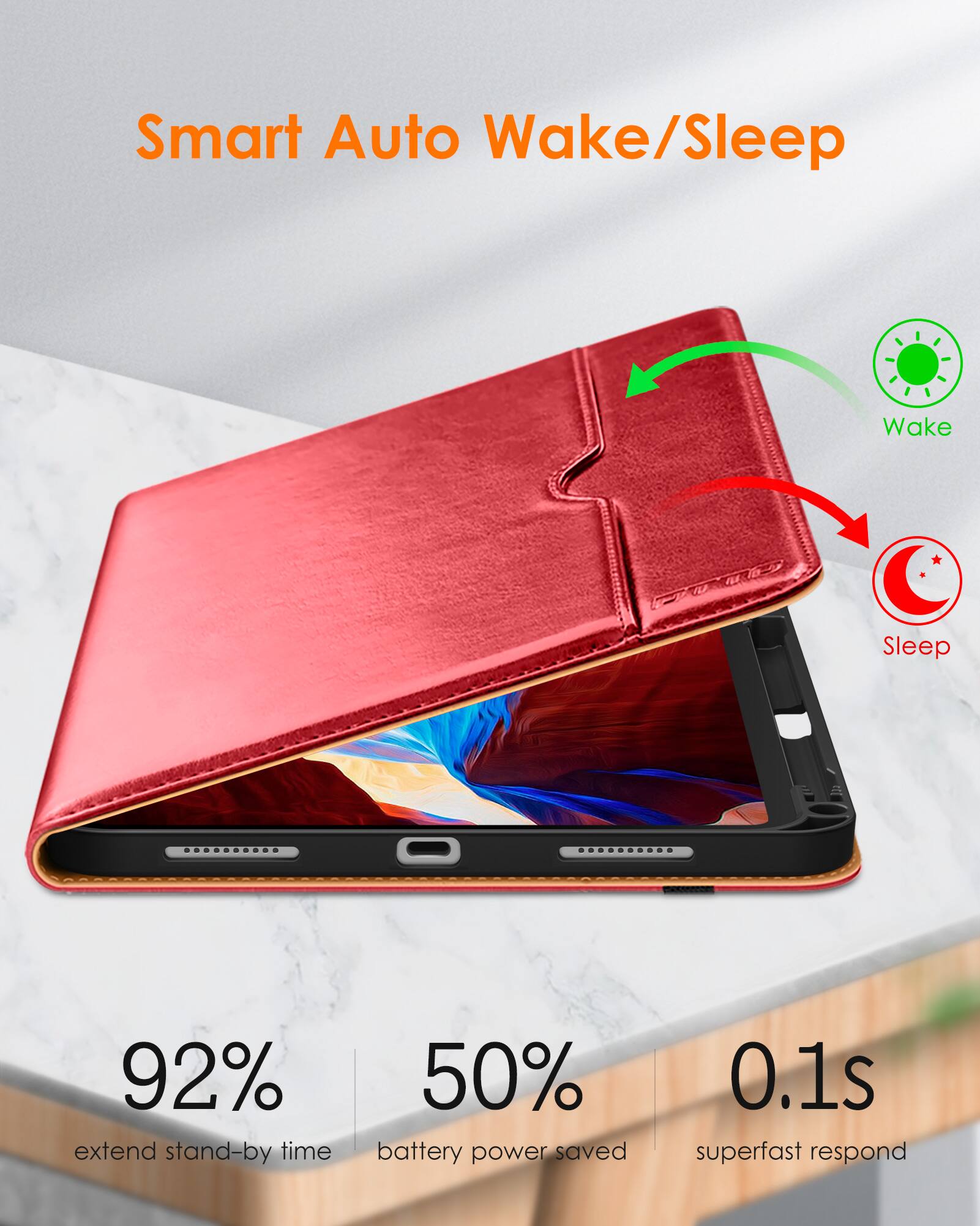 Smart Auto Wake/Sleep

- 92% extend stand-by time
- 50% battery power saved
- 0.1s superfast respond

Wake
Sleep