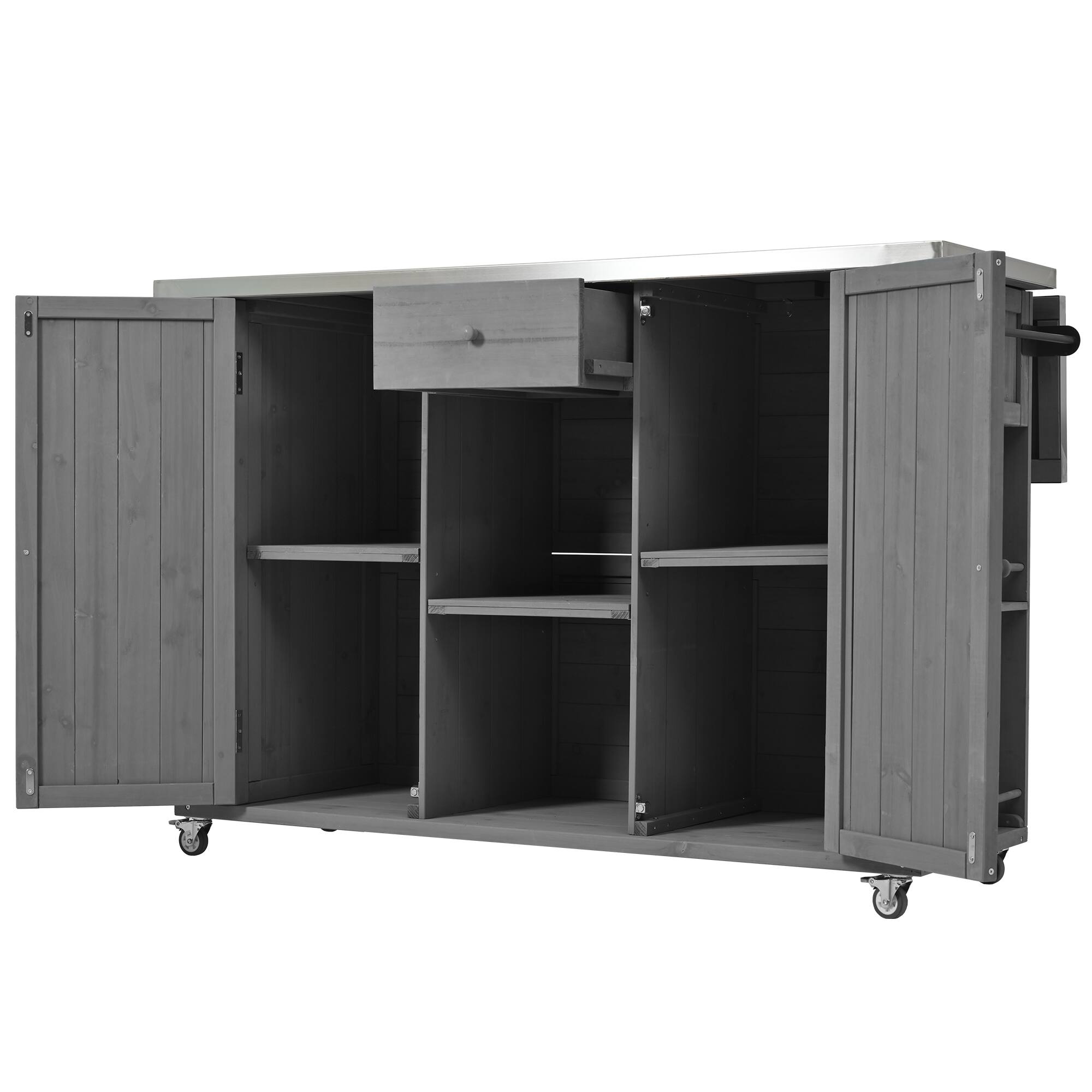 Alt View 4. Mondawe - Fir Wood Outdoor Kitchen Island with Stainless Steel Top, Towel and Spice Racks and a Bottle Opener - Grey.