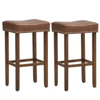 Costway - 29.5" Wood Frame PU Leather Upholstered Bar Stools Set of 2 with Footrests - Brown - Front_Zoom