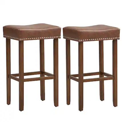 Front. Costway - 29.5" Wood Frame PU Leather Upholstered Bar Stools Set of 2 with Footrests - Brown.