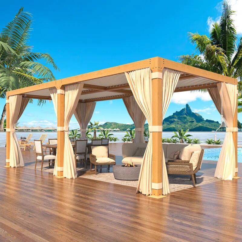 Angle. U-HOMY - Wood Grain Aluminum Louvered Pergola Gazebo with Adjustable Rainproof Roof, Curtains & Netting - 10'x20'.