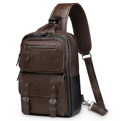Front. Unique Bargains - Vintage PU Leather Sling Backpack Crossbody Shoulder Bag with Adjustable Strap Multi-Pocket Compact Travel Chest Bag - Dark Brown.
