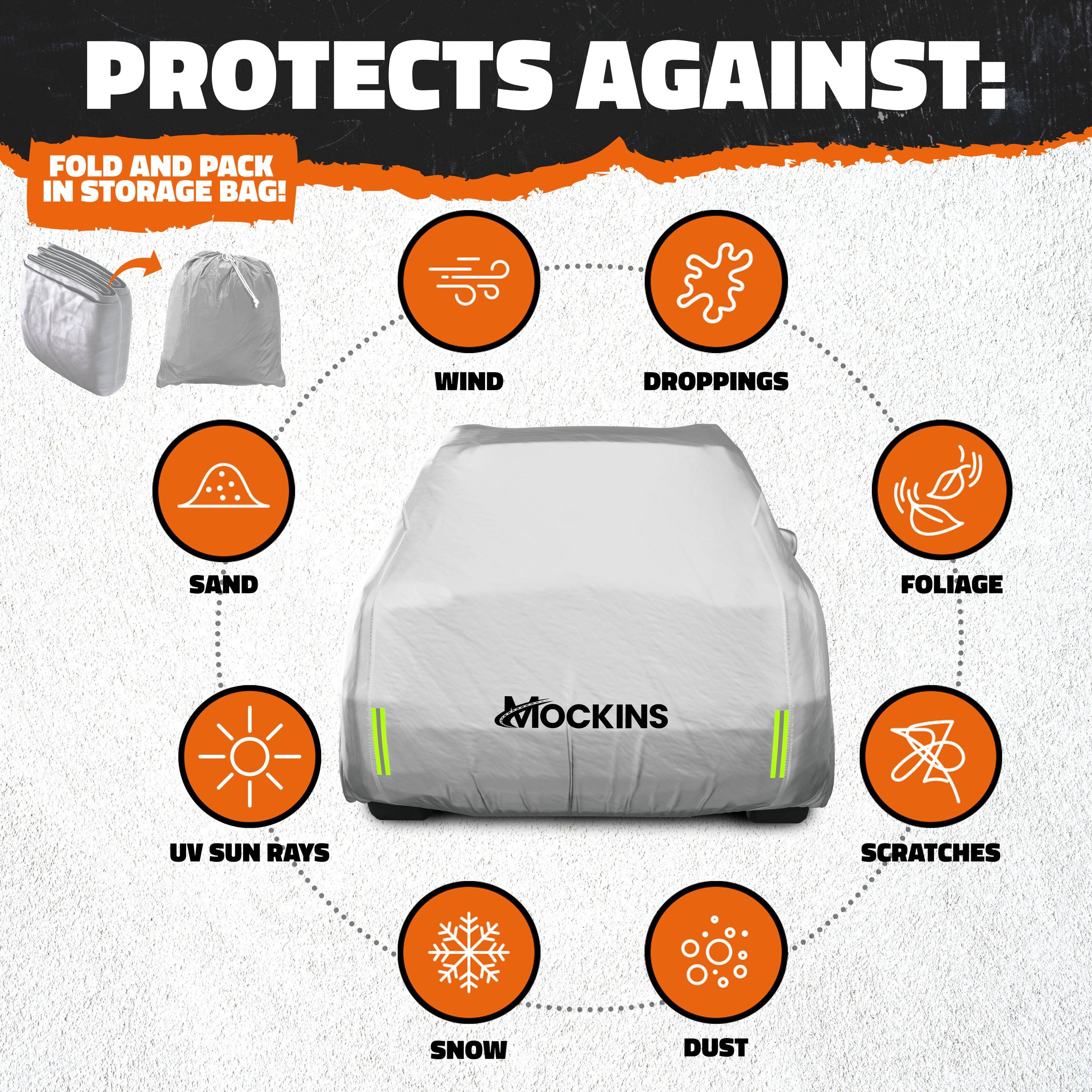 PROTECTS AGAINST:

FOLD AND PACK IN STORAGE BAG!

- WIND
- DROPPINGS
- SAND
- UV SUN RAYS
- SNOW
- FOLIAGE
- SCRATCHES
- DUST
