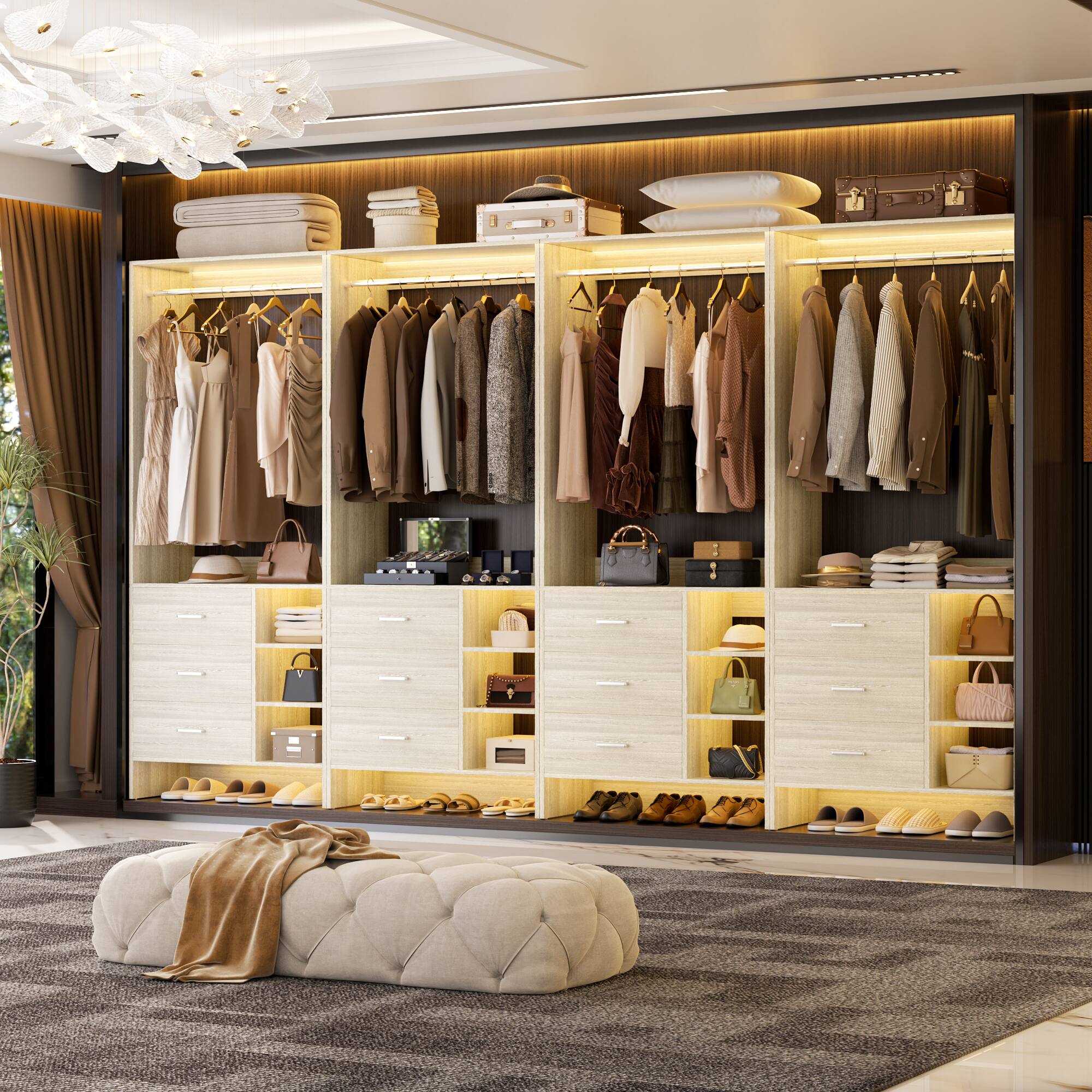 Alt View 5. Aheaplus - 10FT Large Closet System 4-Piece Set with 12 Drawers, 118'' Walk-in Closet Organizer with Hanging Rods for Closet - Beige Oak.