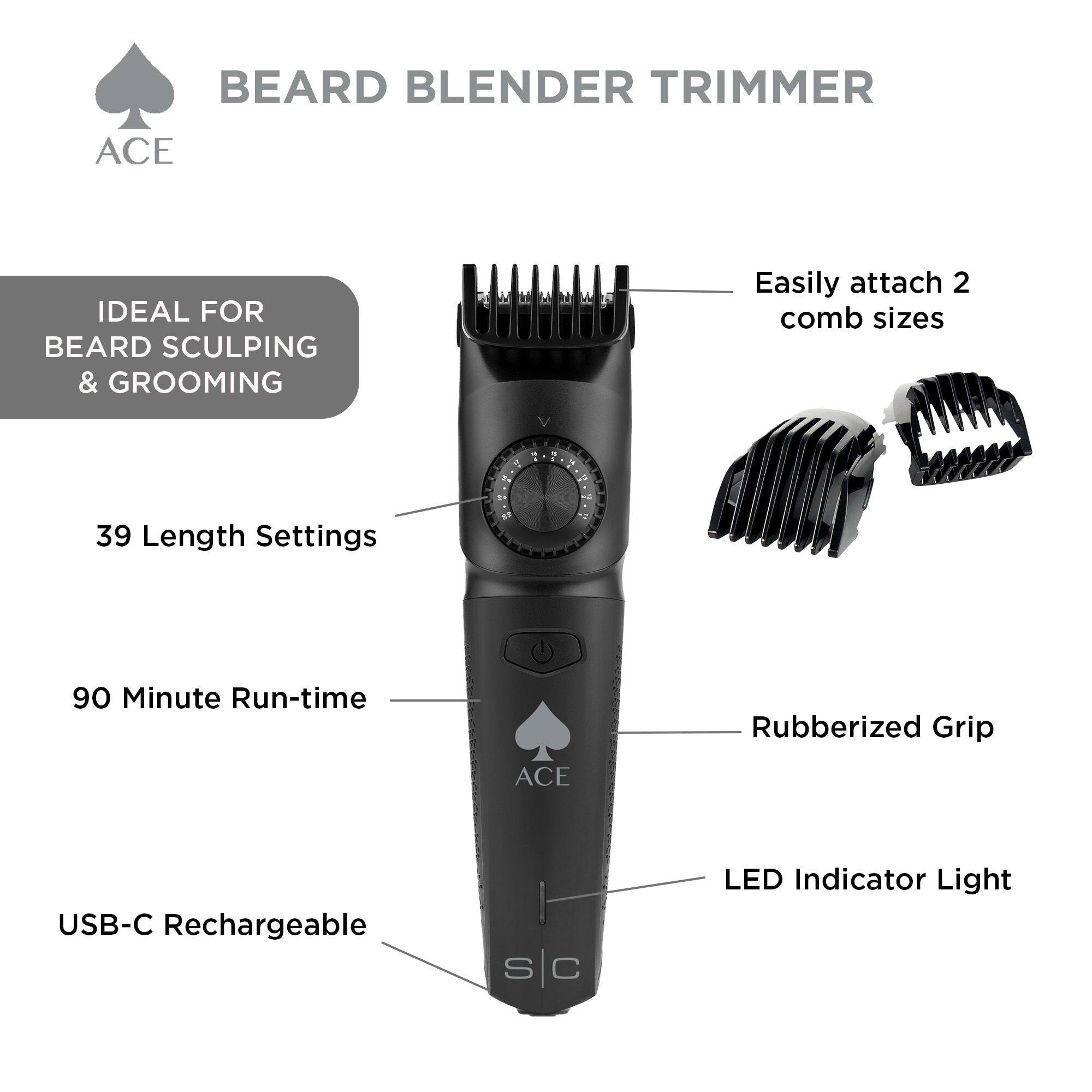 BEARD BLENDER TRIMMER ACE
IDEAL FOR BEARD SCULPING & GROOMING
Easily attach 2 comb sizes
39 Length Settings
90 Minute Run-time
ACE Rubberized Grip
USB-C Rechargeable
S C
LED Indicator Light