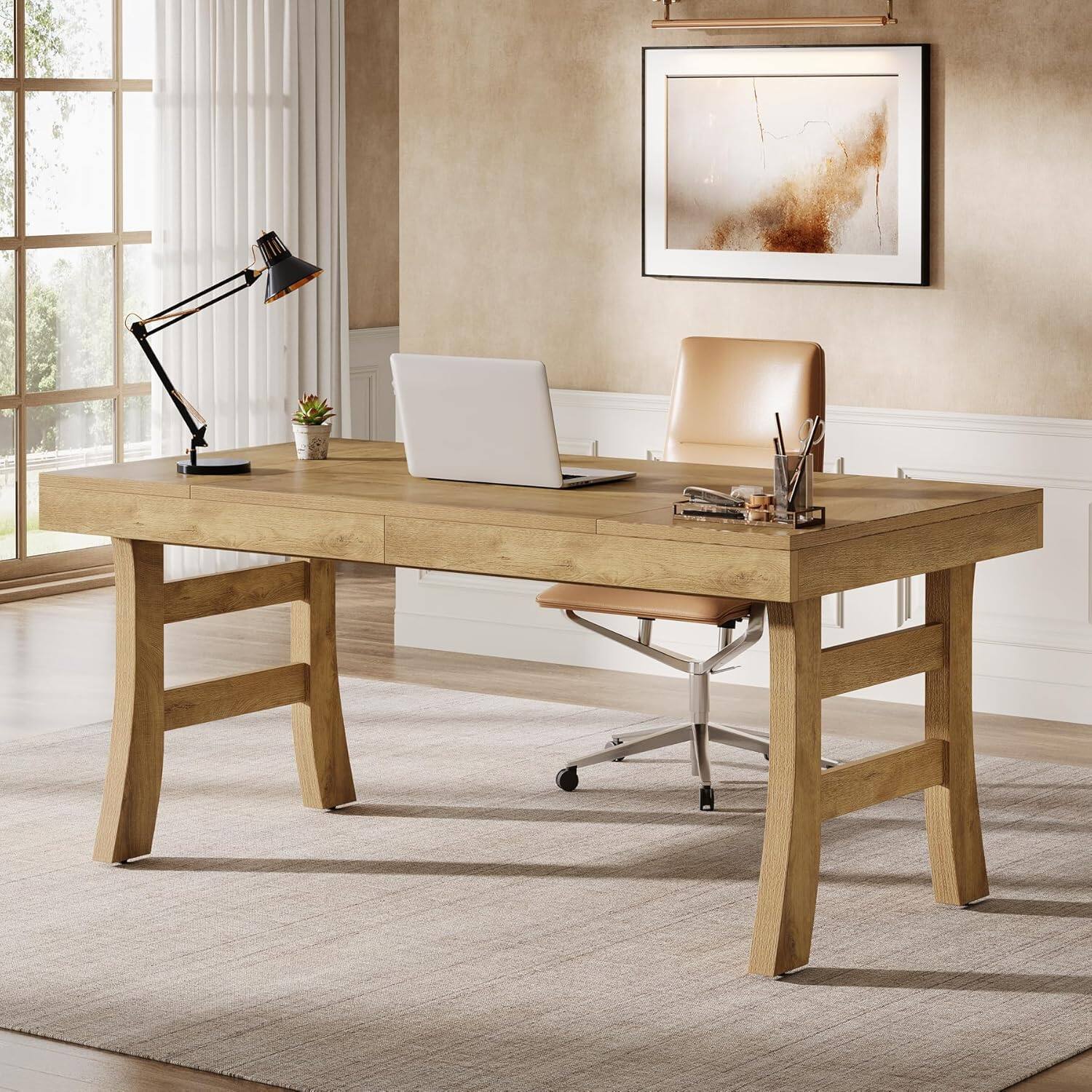 Back. Tribesigns - Office Executive Desk with Engineered Wood Construction, Rectangular Top, for Computer Work and Writing in Home Offices - Light Brown.
